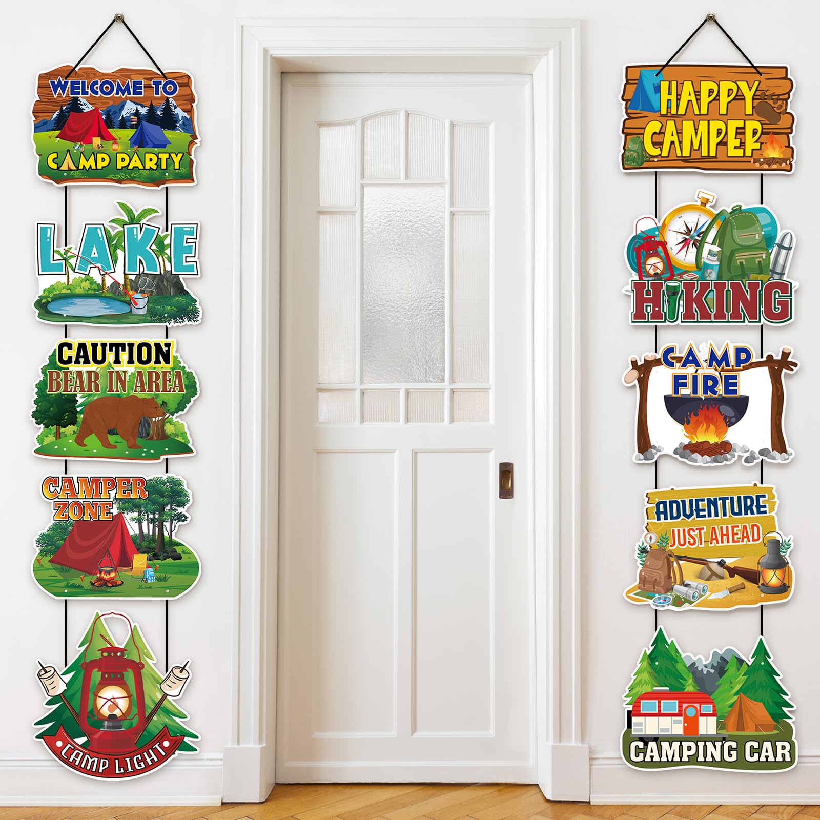 Yaomiao 2 Sets 10 Pcs Fall Camping Party Decorations Porch Sign 12 x 9 Inch Welcome Camp Door Banner Outdoor Fall Happy Camper Photo Props Backdrop