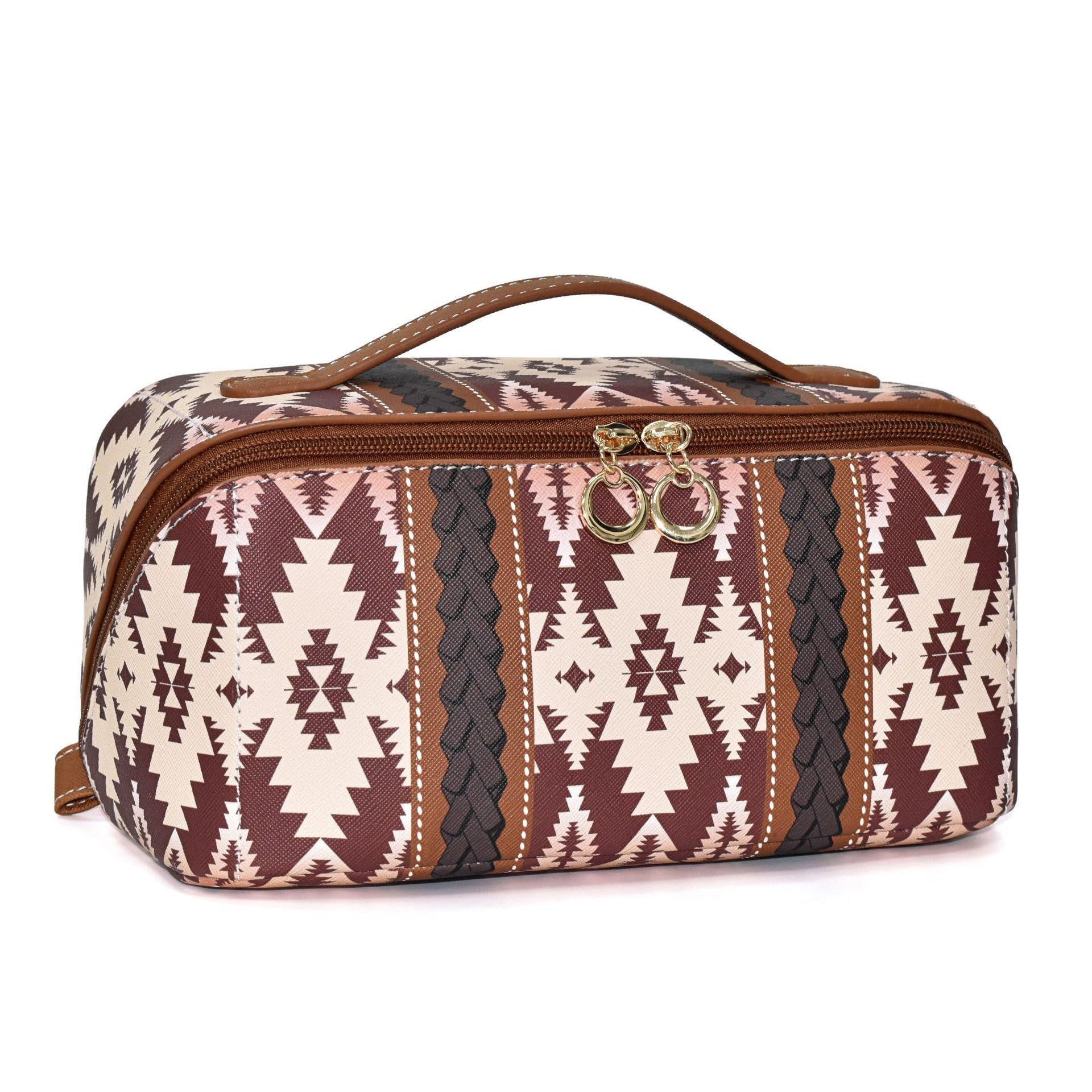 Neceser Maquillaje Bolsa de Maquillaje Estilo Bohemio con diseño de Bloques de Colores, versátil y Abierta con Divisor. Viaje(Light Brown)