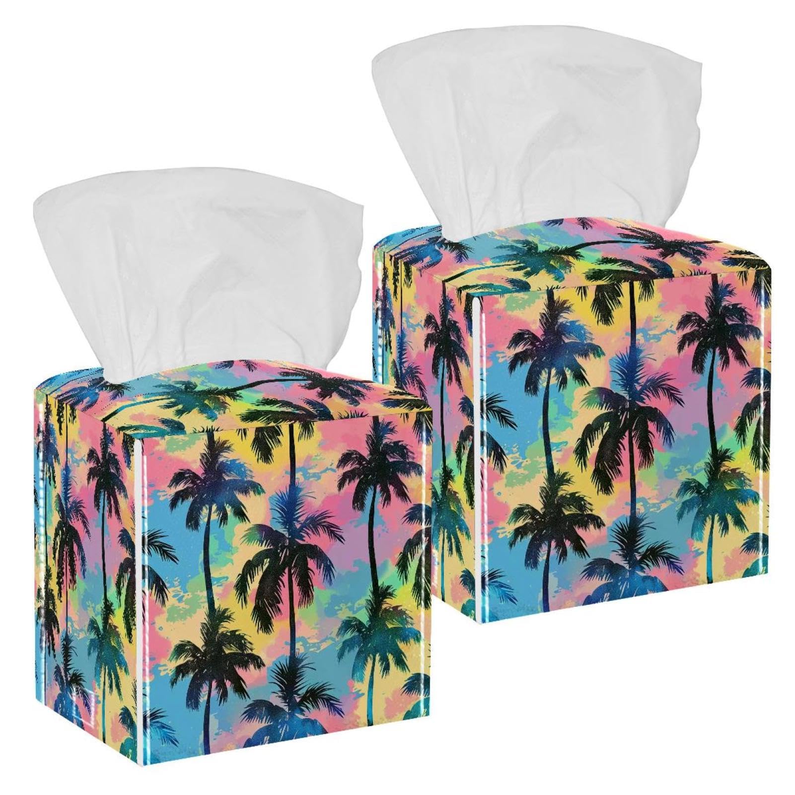 Tree Silhouette Tissue Box Cover, 2 Pack PU Leather Square Facial Tissue Dispenser Box holder for Home Office Car