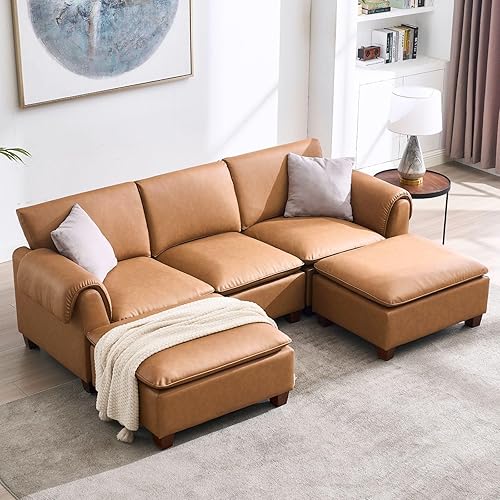 97 Inches Cloud Modular Sectional Sofa, U Shaped Brown Leather Couch with Reversible Chaise, 3 Seater Convertible Comfortable Sofa Couch for Living Room/Apartment