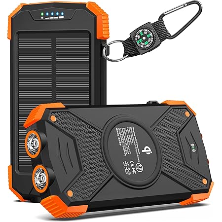 BLAVOR Solar Charger Power Bank, Qi Wireless Charger 10,000mAh External Battery Pack Type C Input Output Dual Super Bright Flashlight, Compass Carabiner, Solar Panel Charging (Orange)