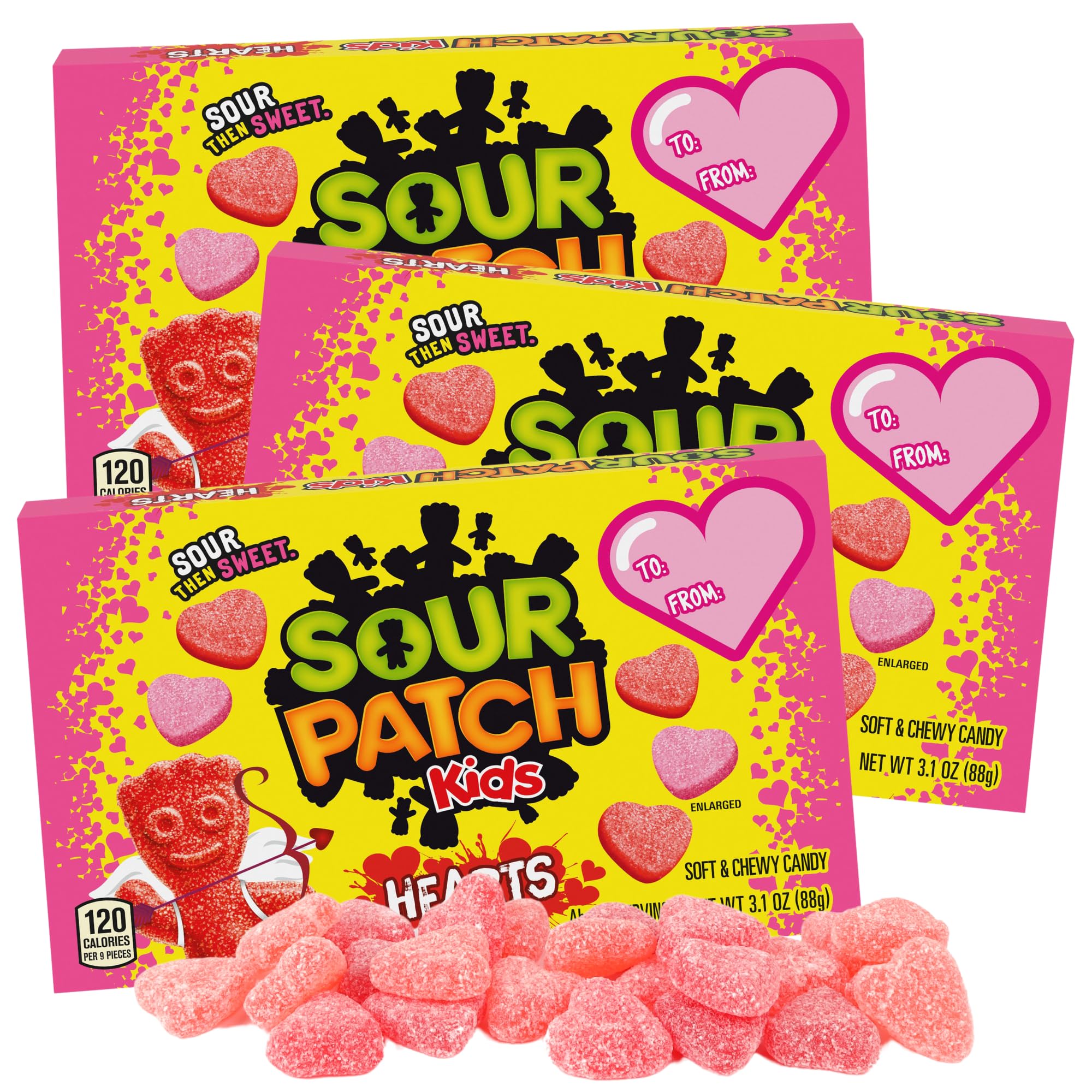 Limited Edition Sour Patch Hearts Boxes, Valentine’s Gummy Candies, Gift Basket Ideas for Her, 3.1 Ounces (Pack of 3)