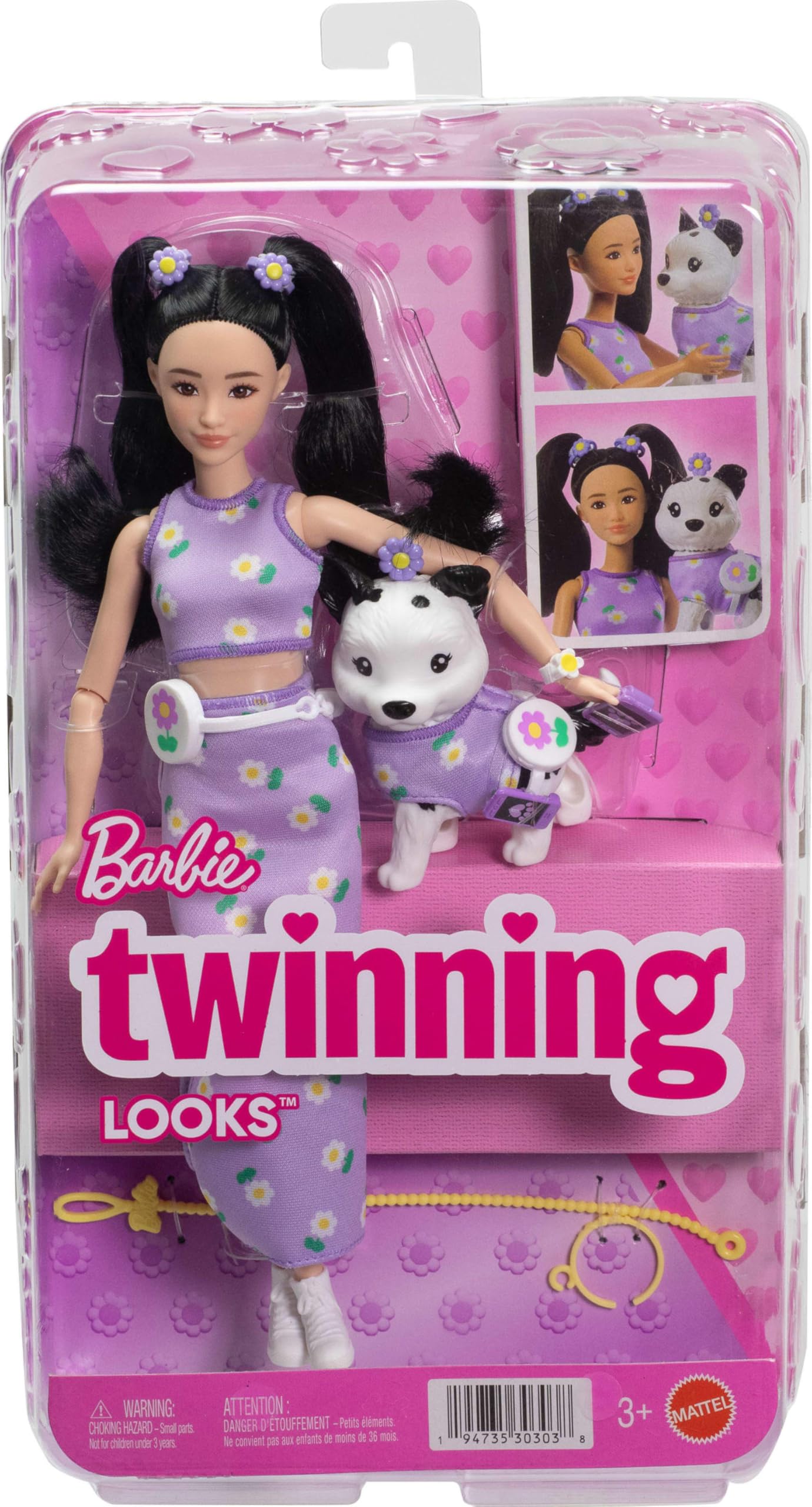 Barbie Twinning Looks Bambola con Cane Animale Domestico con Vestiti Viola di Margherite e Accessori come Fiori e Marsupio, Capelli Nero, JFP39