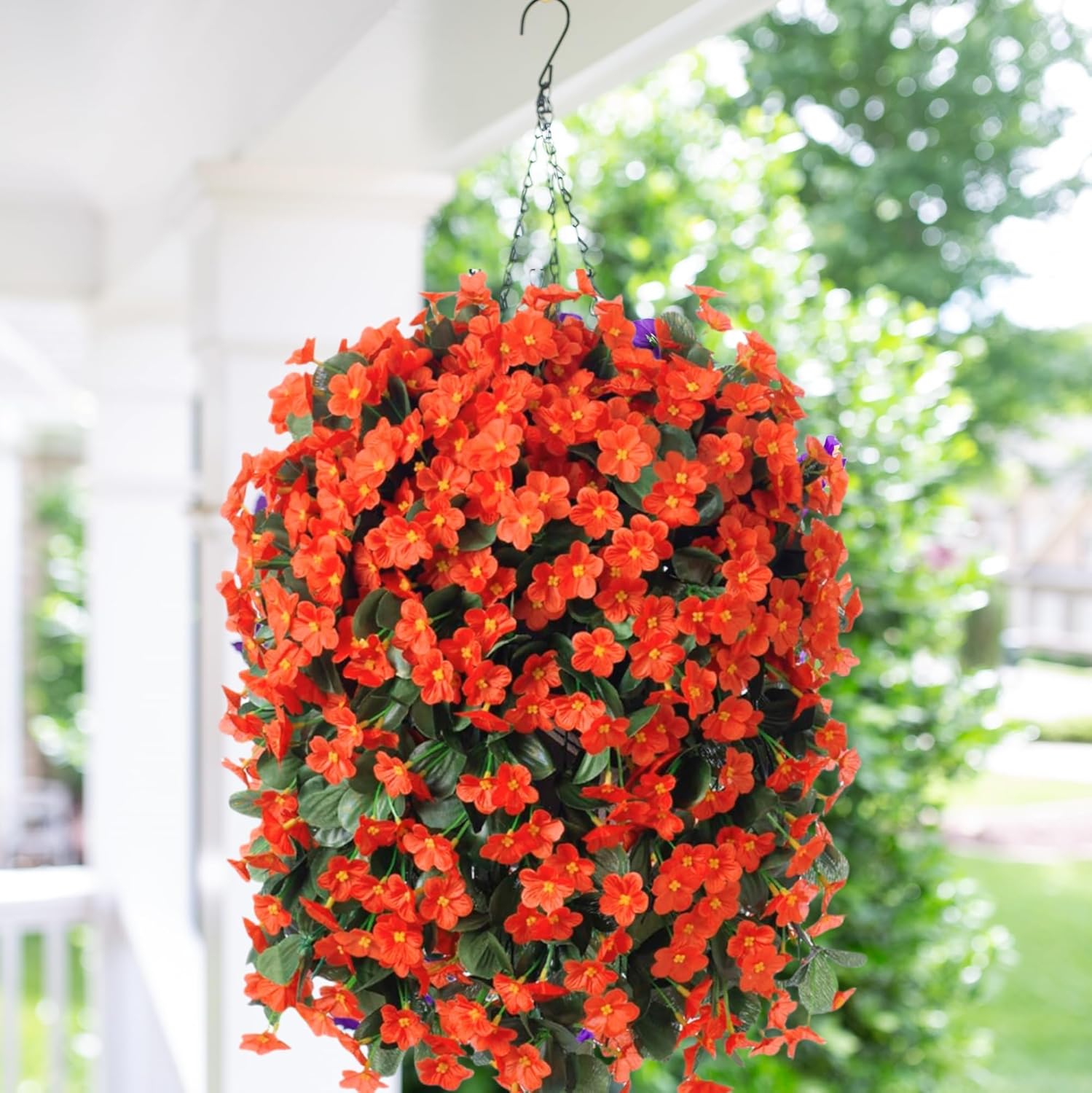 Artificial Fake Fall Hanging Flowers Plants Baskets for Outdoor Outside, Faux Silk Autumn Orange Daisy Mums Trailing Vines in Planter Realistic UV Resistant for Balcony Porch Decor - Image 2