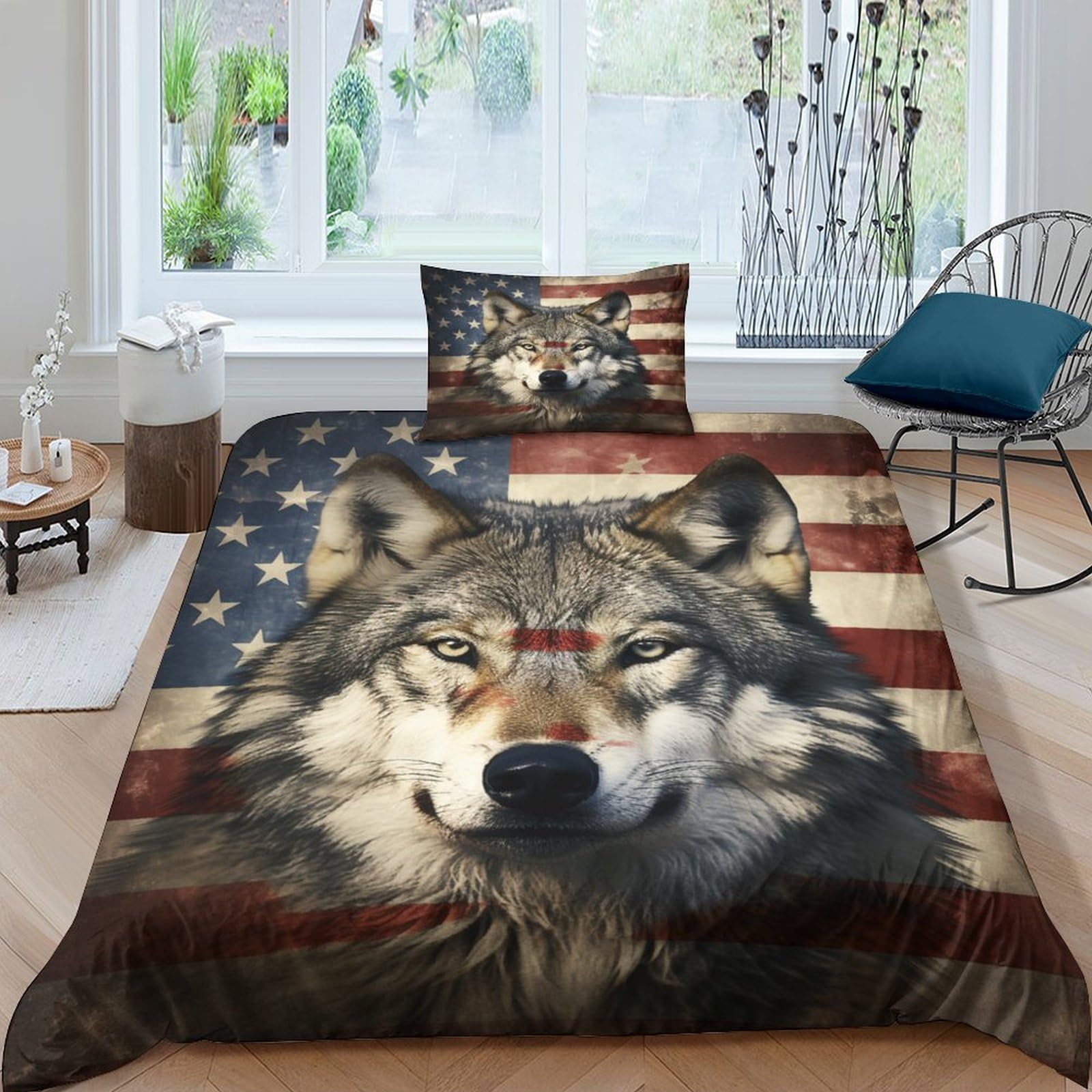 Housse de couette loup géant 3D drapeau américain parure lit single