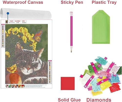 Miniatura 6 de KEOOID Kits de pintura de diamantes de flores para adultos, niños y principiantes, arte redondo con gemas de gato y mariposa con diamantes 5D para