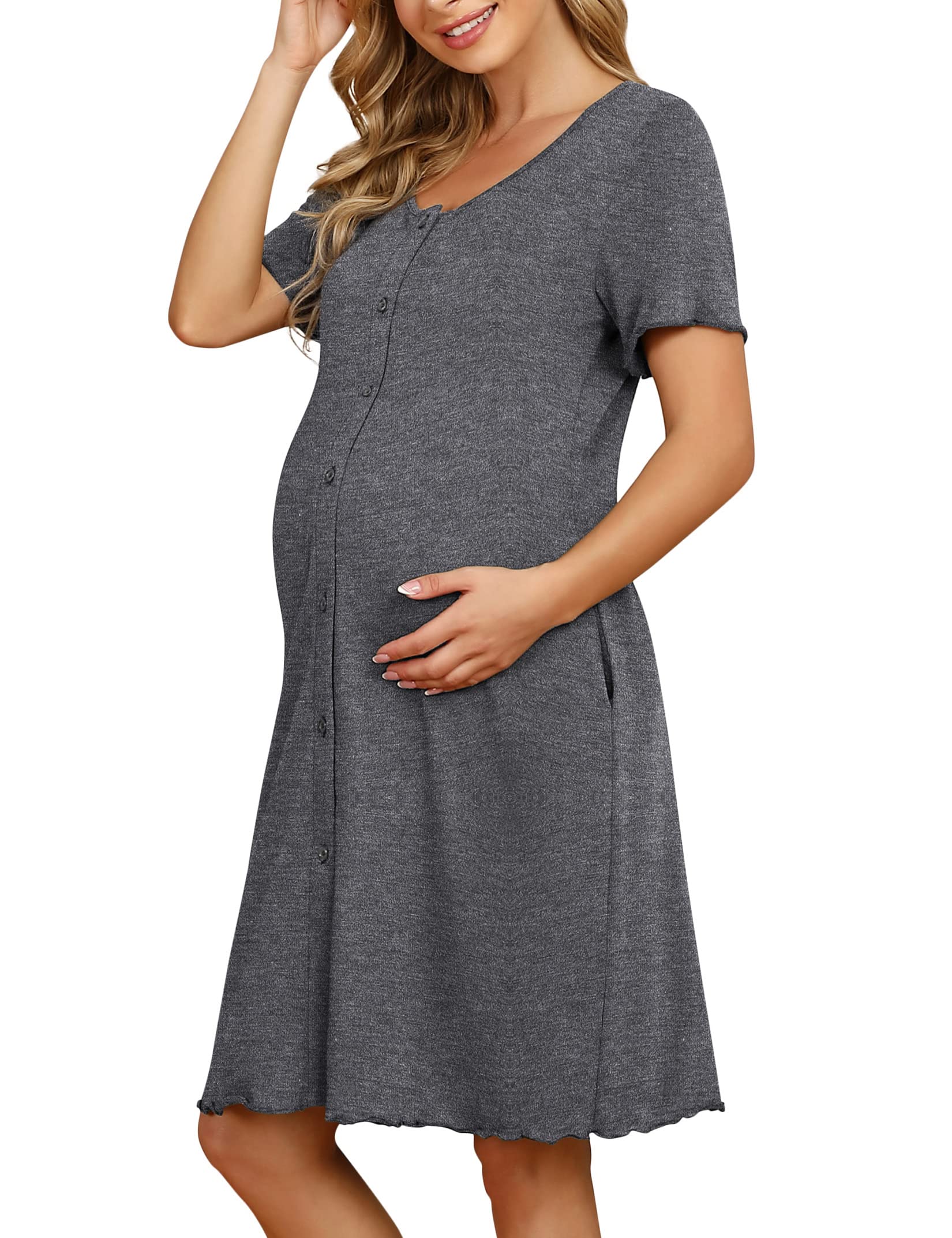 KOJOOIN Nachthemd Voor Dames Geboorte Nachtjapon Nachtkleding Met Korte Mouwen Katoen Zwangerschapsnachtjapon Met Knoopsluiting Nachtjapon Grijs