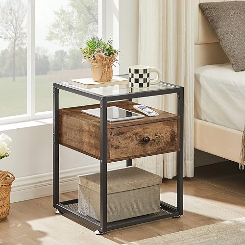 Miniatura 10 de VECELO Mesita de noche moderna con cajón, mesita de noche para sala de estar, dormitorio, vidrio templado, juego de 2 unidades, color negro Negro