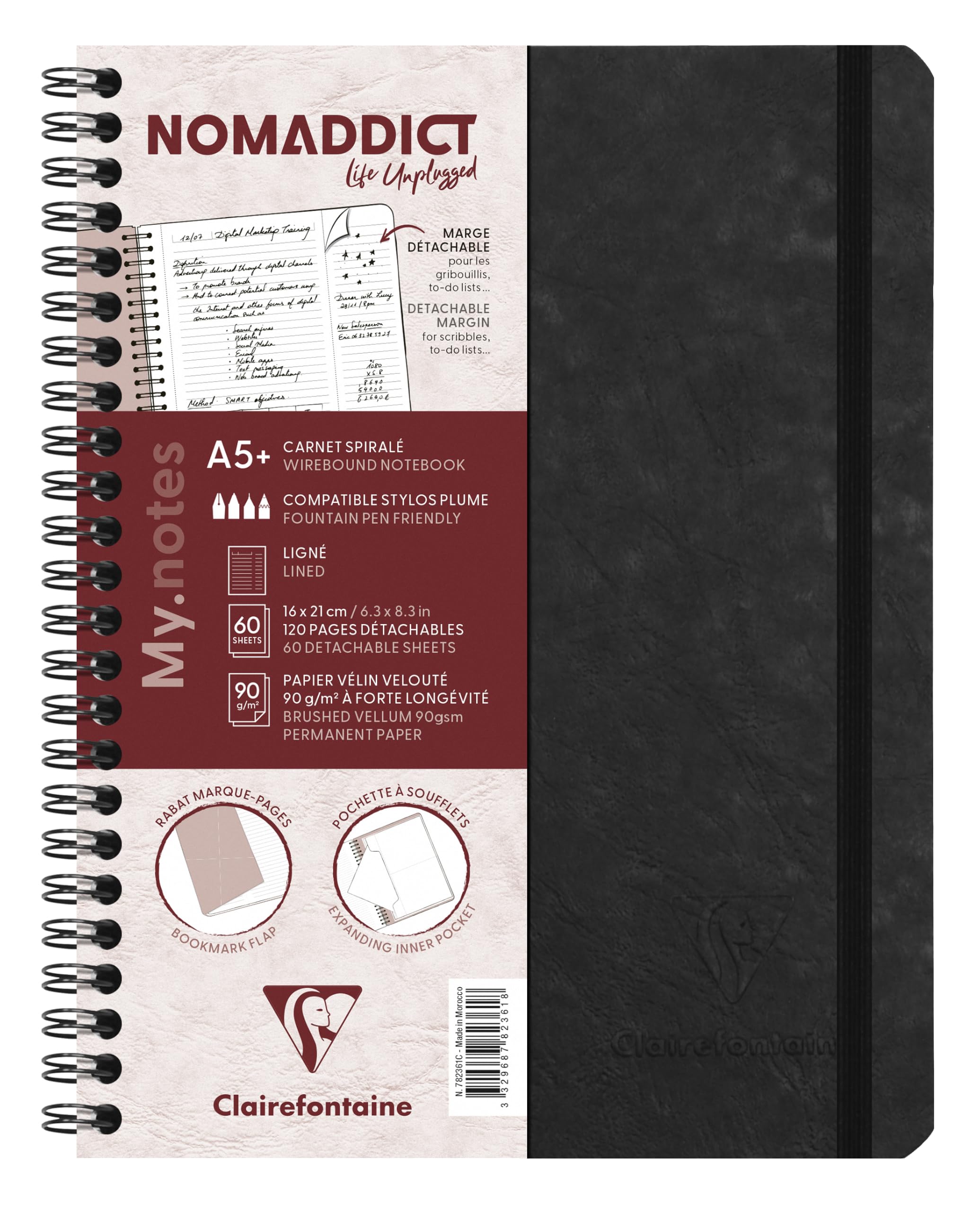 Clairefontaine 782361C Age Bag Collection MyNotes Black Spiral Notebook w/ Margins - A5+ 16x21cm - 120 Ruled Detachable Pages - 90gsm White Leather Card Cover