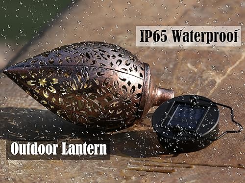 Miniatura 6 de Farol solar colgante al aire libre impermeable retro metal luces coloridas luz colgante diseño hueco linterna gota agua para jardín, patio y balcón,