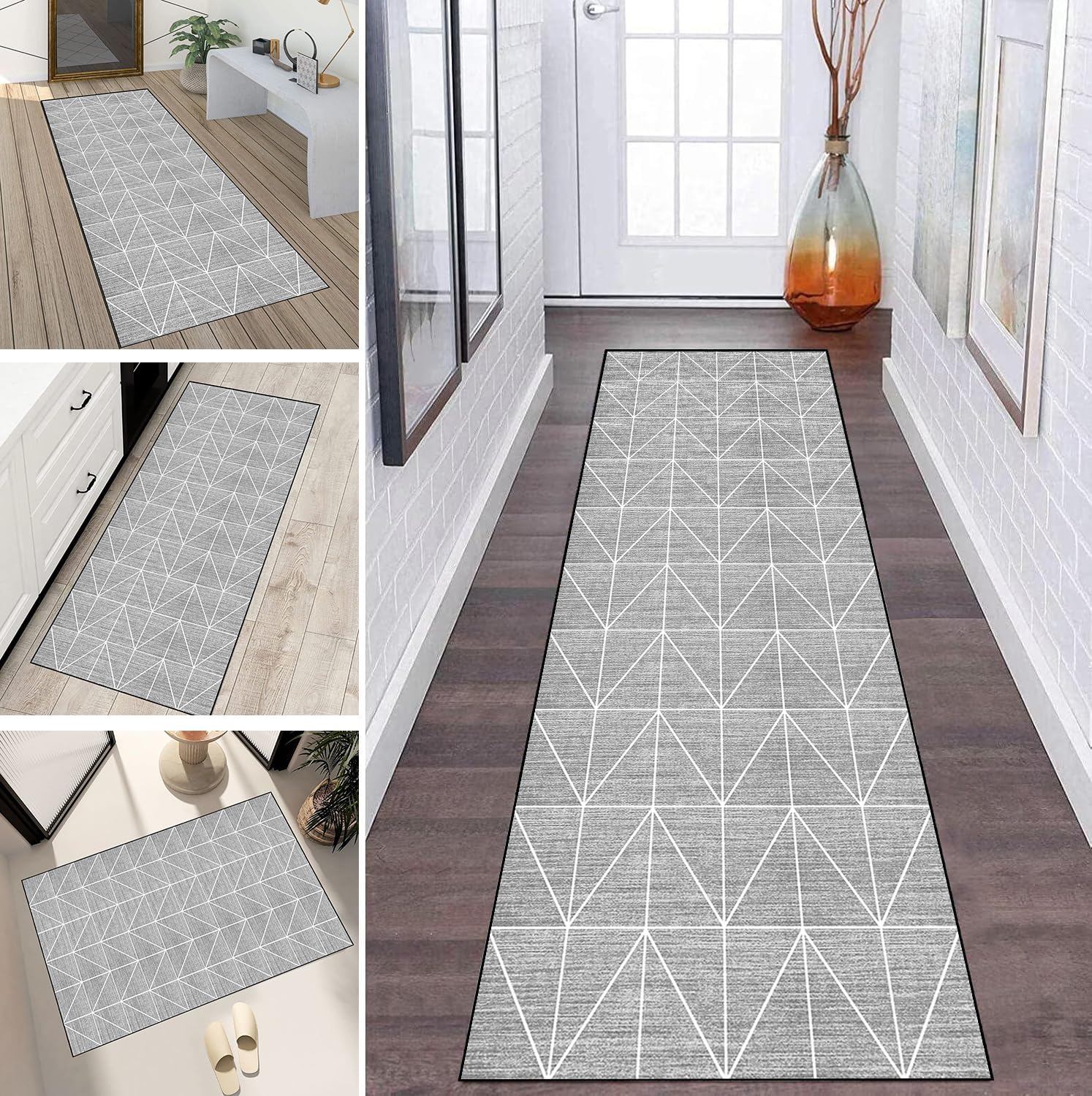 Alfombra de pasillo gris de 50x350 cm lavable con diseño moderno