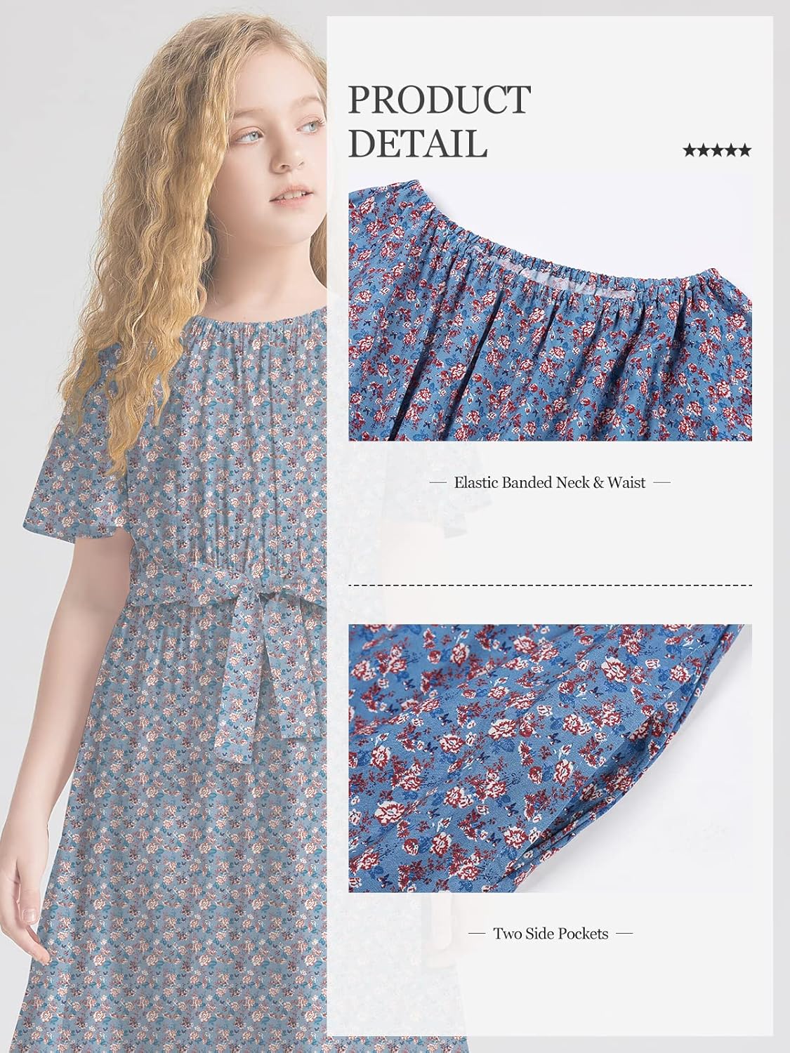 LaBeca Girls Casual Butterfly Sleeve Elastic Crew Neck Floral Printed Solid Color High Waist Midi Belted Dress with Pocket - Image 5