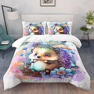 AILONEN Cute Hedgehog Comforter Set Full Size, Kawaii Animal Hedgeho Bedding Set,Colorful Hedgehogs Bed in a Bag for Boys Girlsfor Boys Girls,3 PCS,1 Quilt and 2 Pillowcases,Soft Microfiber