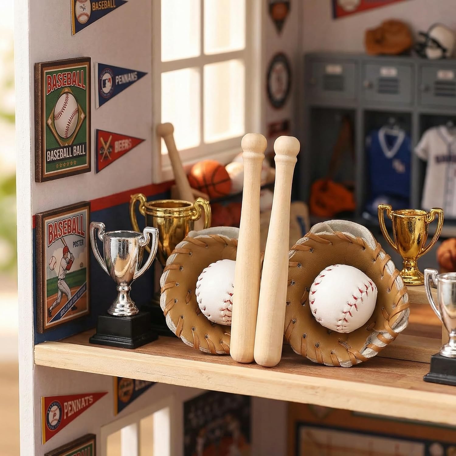 jarbins 2 Sets Miniature Baseball Bats and Glove Mini Baseballs for Crafts Sports Baseball Bats for Birthday Cake Topper Dollhouse Accessories