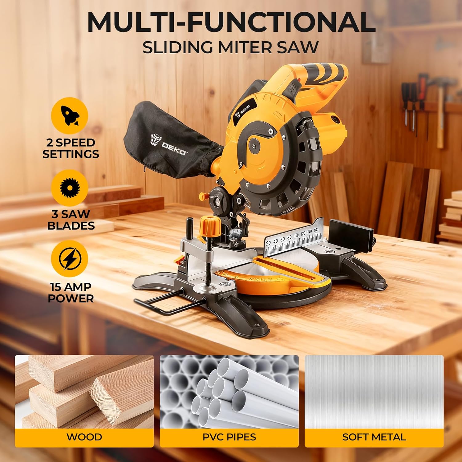 DEKOPRO Corded Miter Saw with Ring Spanner | 210mm Blade | 5000 RPM | 12A/1450W | 0-45° Single-Bevel
