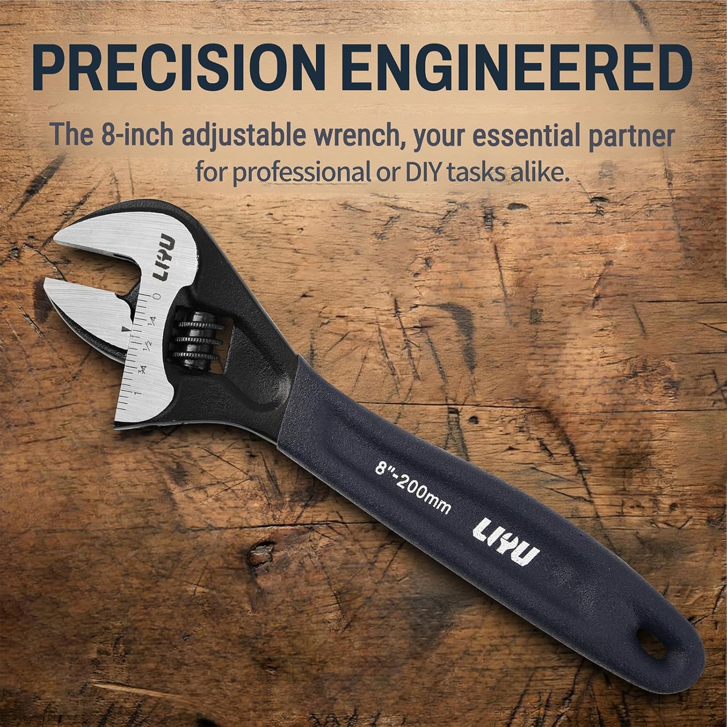 LIYU 8-Inch Adjustable Wrench, Heat-Treated Forged Alloy Steel, Black Phosphate Coating, Metric & SAE Laser-Engraved Scales, Ideal for Household, Automotive, Bicycle & Plumbing Repair