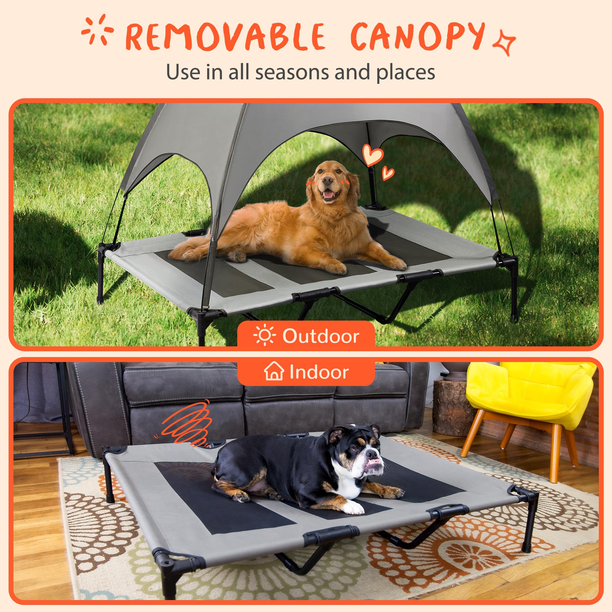 PRAISUN Outdoor Dog Bed with Canopy, XL Elevated Dog Bed, Dog Cot, Pet Bed with Oxford Fabric
