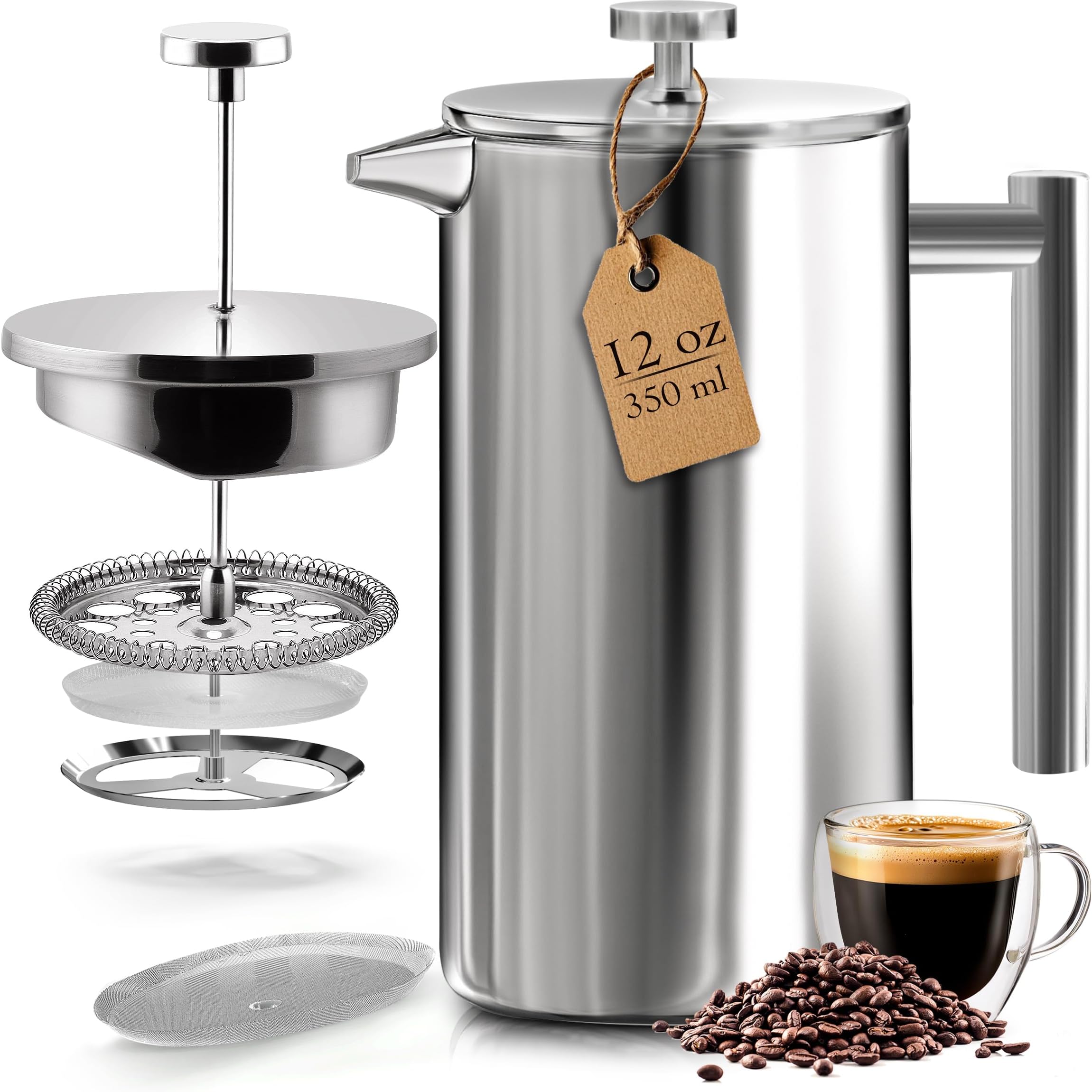 KICHLY Cafetiere 2 Cups Stainless Steel French Press Coffee Pot Maker, Coffee Press with 3 Level Filtration System - Double Walled Insulated Caffettiere with 1 Extra Filter - 350ml / 12Oz - Silver