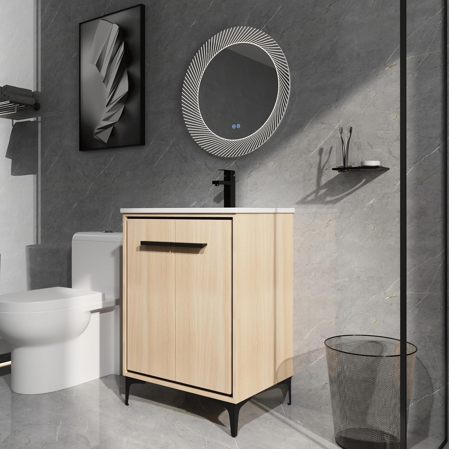 24" Bathroom Vanity with Sink, Freestanding Bathroom Sink Cabinet with Soft Doors, Engineered Wood Vanity Cabinet, Small Bathroom Sink Vanity, Floor Mount, Oak
