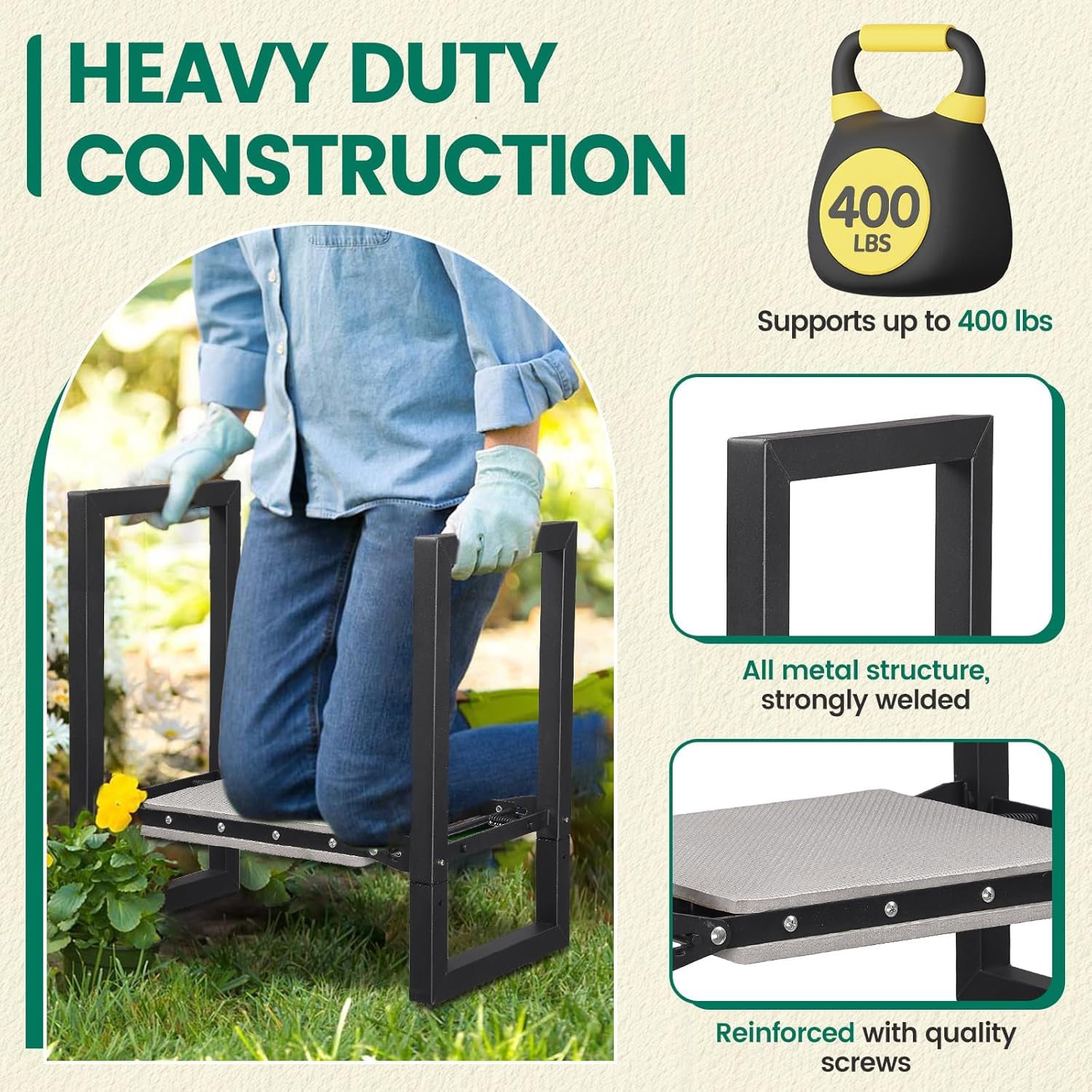 Tabouret de Jardin Pliable, 32cm Pliable Banc Agenouilloir avec Poignées, Appareil Robuste pour Genoux, Capacité de 180 kg, Banc Multifonction de Jardin pour Seniors, Femmes, Hommes/Noir