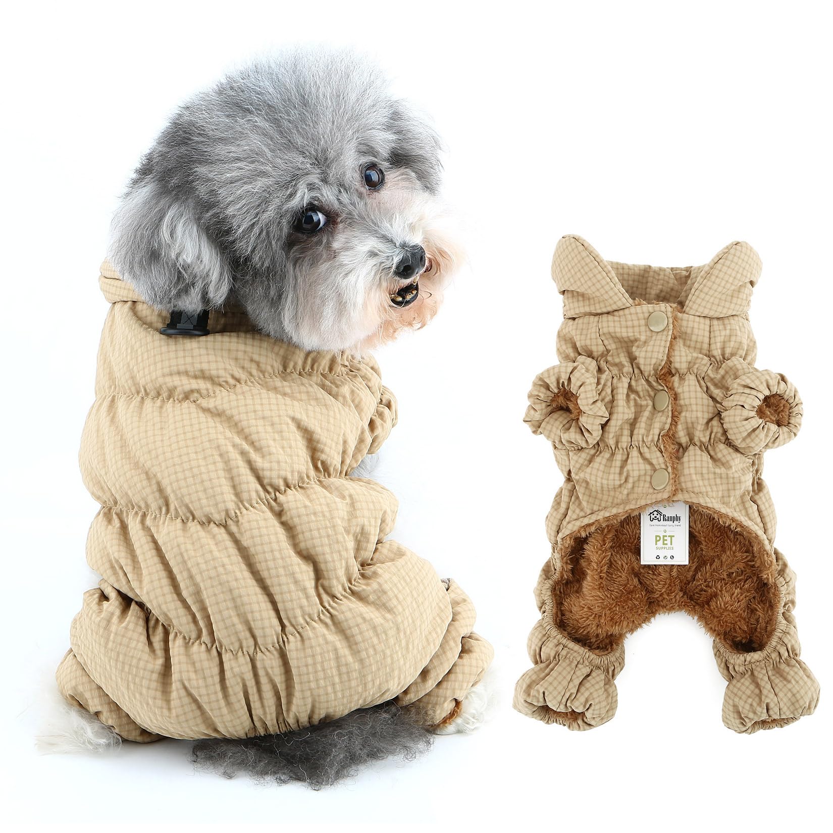 Ranphy Waterproof Plaid Winter Coat Jumpsuit for Small Dog Padded Fleece Lined Puppy Snow Jacket Full Cover Snowsuit with Legs Yorkie Chihuahua Cold Weather Clothes Leash Ring Cat Clothing,Khaki,XXL