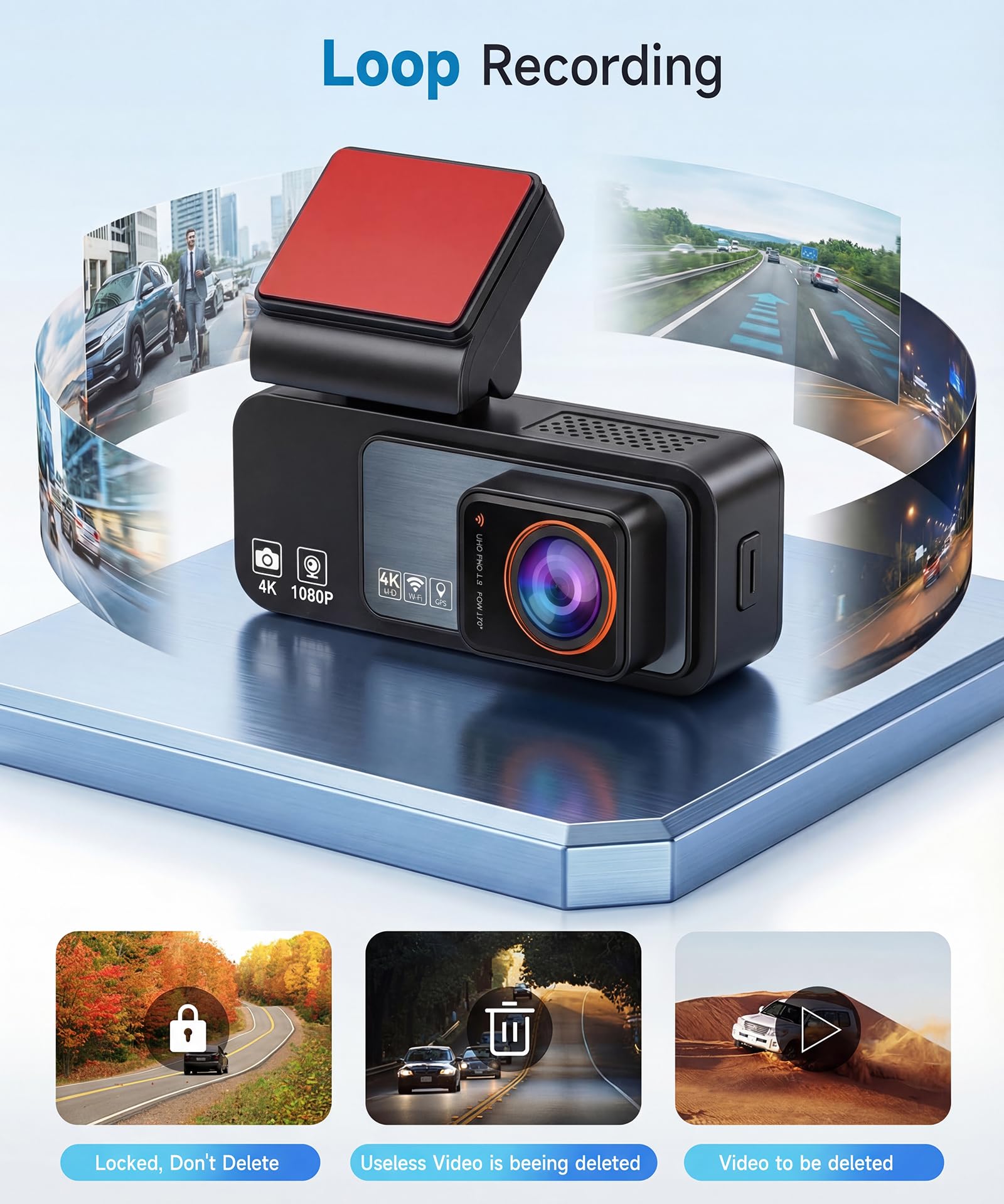 VECHTEL Kamera samochodowa 4K Wi-Fi z aplikacją 1080p, kamera samochodowa, ekran IPS 3,16", kamera na deskę rozdzielczą z ultra noktowizorem, karta 64 GB, monitorowanie parkowania 24 h, czujnik G