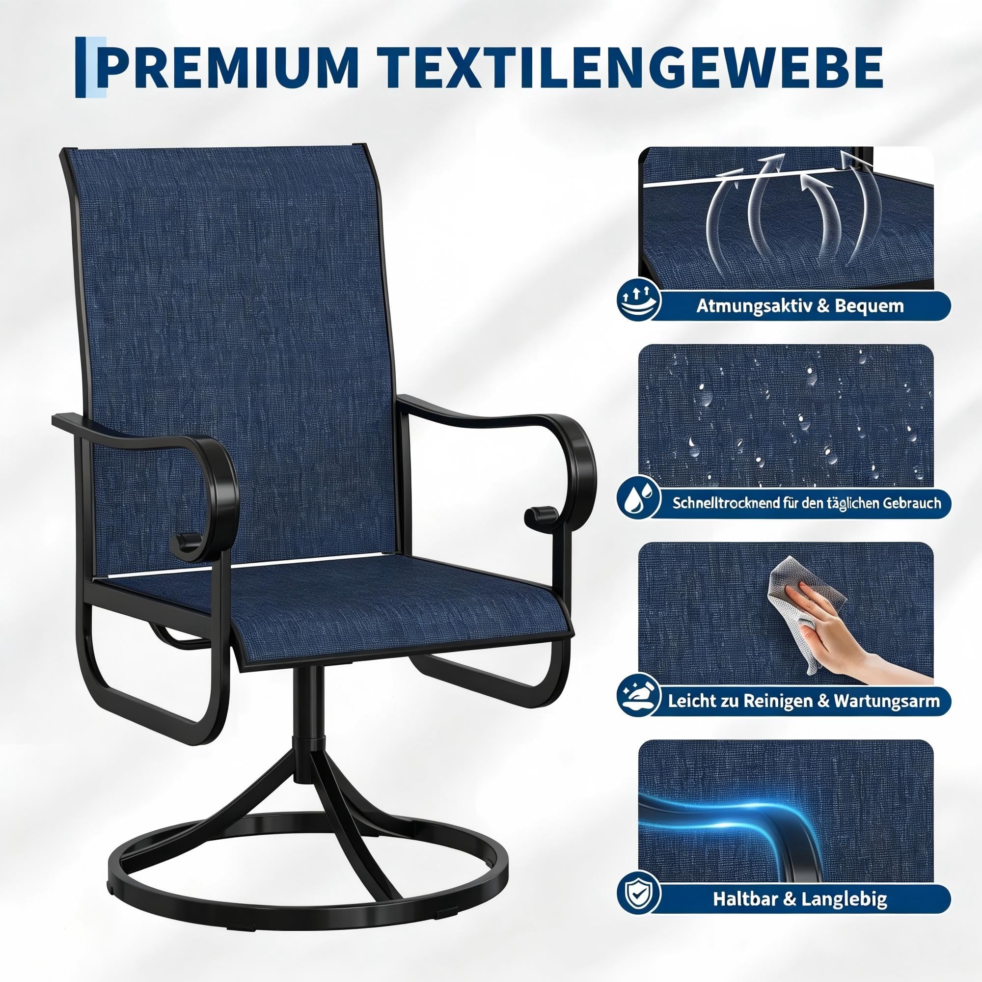 2er-Set Gartenstühle, 360° Drehbar & 15° Schaukelnd, Textilene, Hohe Rückenlehne, Patio-Drehstühle, Blau