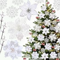 Vista 9 de 59 piezas 6 estilos de flores de Pascua artificiales para árbol de Navidad, adornos dorados de Navidad con tallos de bayas, copos de nieve, tarjetas