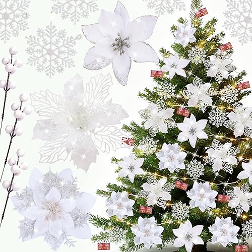 Miniatura 9 de 59 piezas 6 estilos de flores de Pascua artificiales para árbol de Navidad, adornos dorados de Navidad con tallos de bayas, copos de nieve, tarjetas
