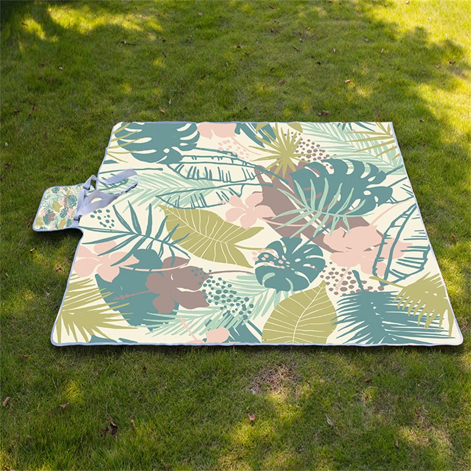 Manta Picnic Impermeable 150x200cm,Lavable Picnic Blanket,Ultrasónica Mantel Picnic,con Mango Multifunción para Acampar Playa Parque de Senderismo,Hojas Tropicales
