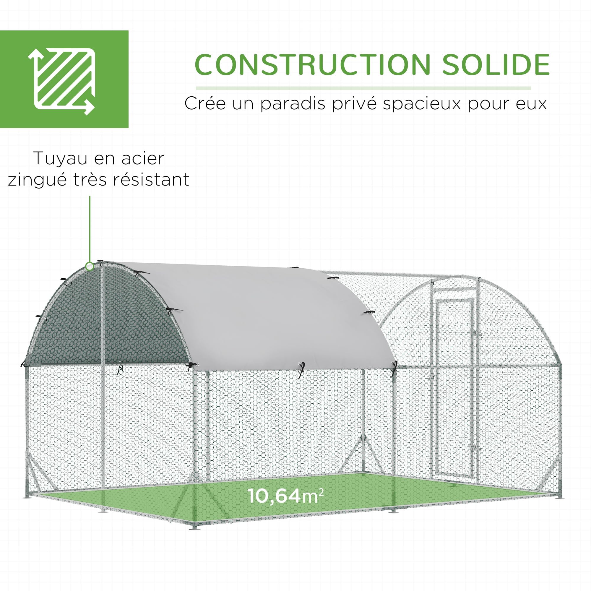 PawHut Grand Enclos Poulailler Extérieur 10,64 ㎡ 2,8 x 3,8 x 1,97 m Argenté | Chenil, Volière Extérieure, Parc Grillé, Toit Anti-UV, Acier Galvanisé, Porte Verouillable