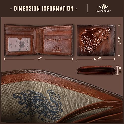 Miniatura 4 de Billeteras de cuero para hombre, billetera plegable para hombre, lobo, bloqueo Rfid, regalo para él, marido (marrón)