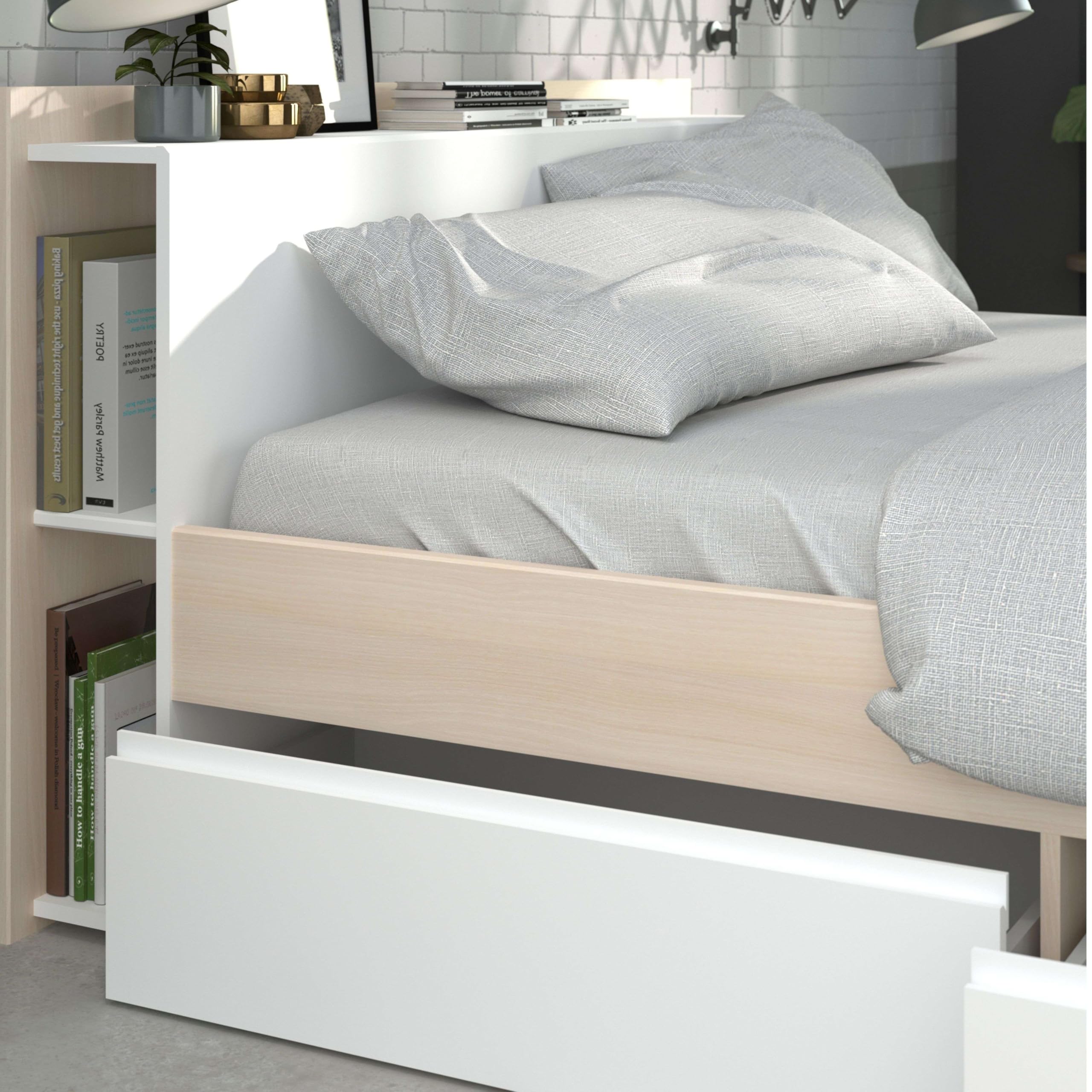 Miroytengo Cama de Matrimonio 135‑140×190/200 cm Acacia y Blanco con Almacenaje y Cajones