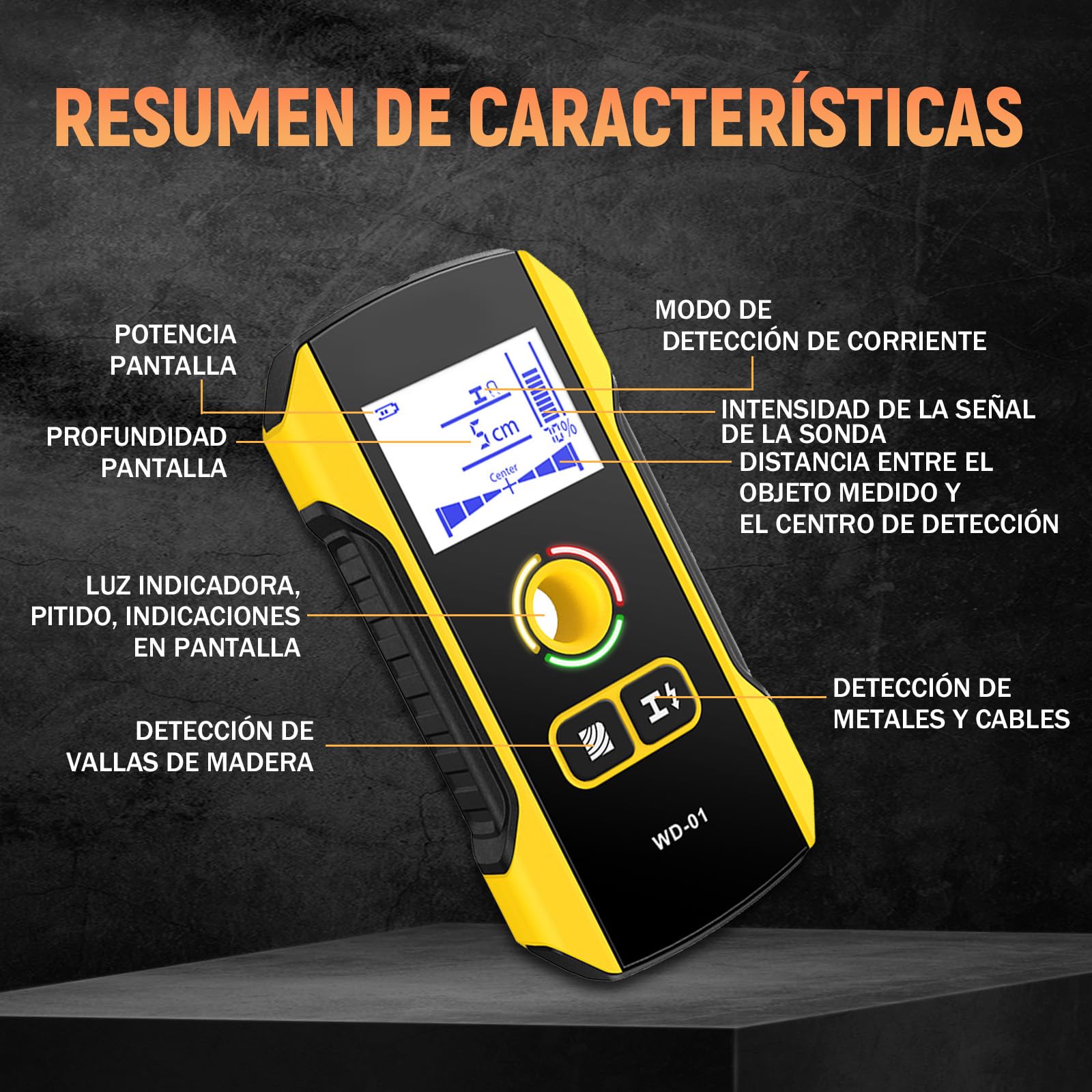 WD-01 Detector de Pared 6 en 1, Detector Cables y Tuberias con Orificio de Posicionamiento, Escáner de Pared para el Centro y el Borde de Madera, Cables de CA, Metal, Montantes, Vigas, Tuberías