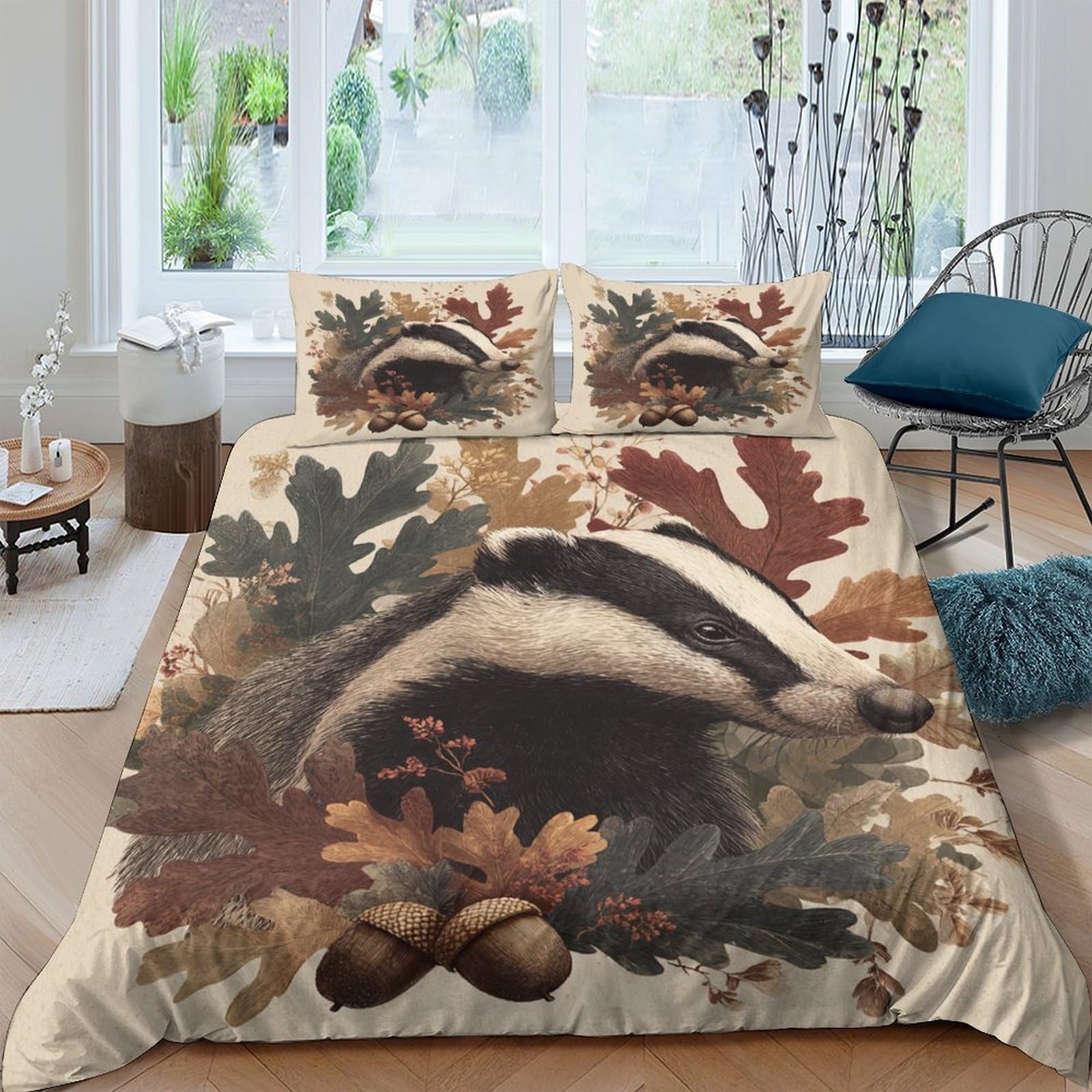 Ctjqhvkz Style-7 3D Printed Autumn Forest Badger Fitted Sheet Microfiber Soft Breathable Acorn Bed Cover For Bedroom Guest Room Mattress Protection Decor Single（135X200cm）