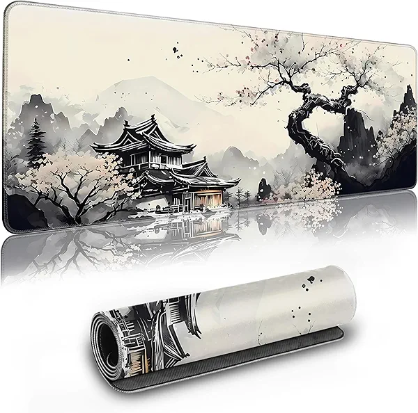 Long Gaming Mouse Pad Extended Anime Large Desk Pad with Non-Slip Base Full Keyboard Mat with Stitched Edges for Gaming and Office 31.5 x 11.8 inches (Wash Painting)