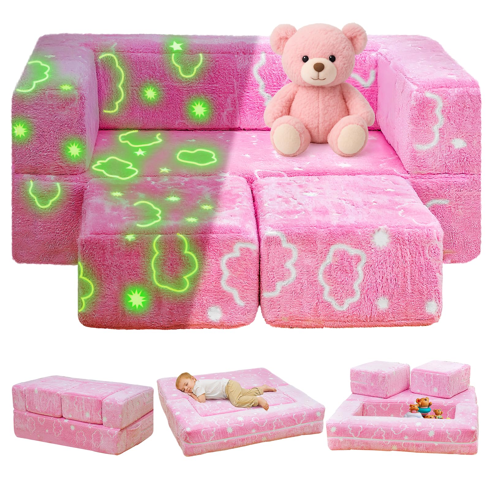 Lamerge Toddler Couch Glow in The Dark Toddler Fold Out Couch for playroom, Convertible Baby Fold Out Play Foam and Floor Cushion for Bedroom (Pink+