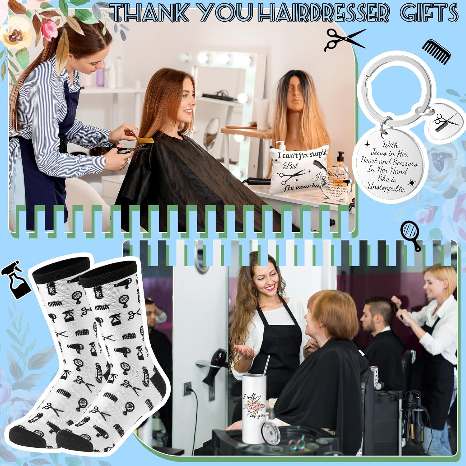 5 Set Christmas Hairdresser Gifts for Women Hair Stylist Appreciation Gift Set Hairstylist Makeup Bag Mugs Socks Keychain Acrylic Christmas Accessory Gifts for Hairdresser - Image 5
