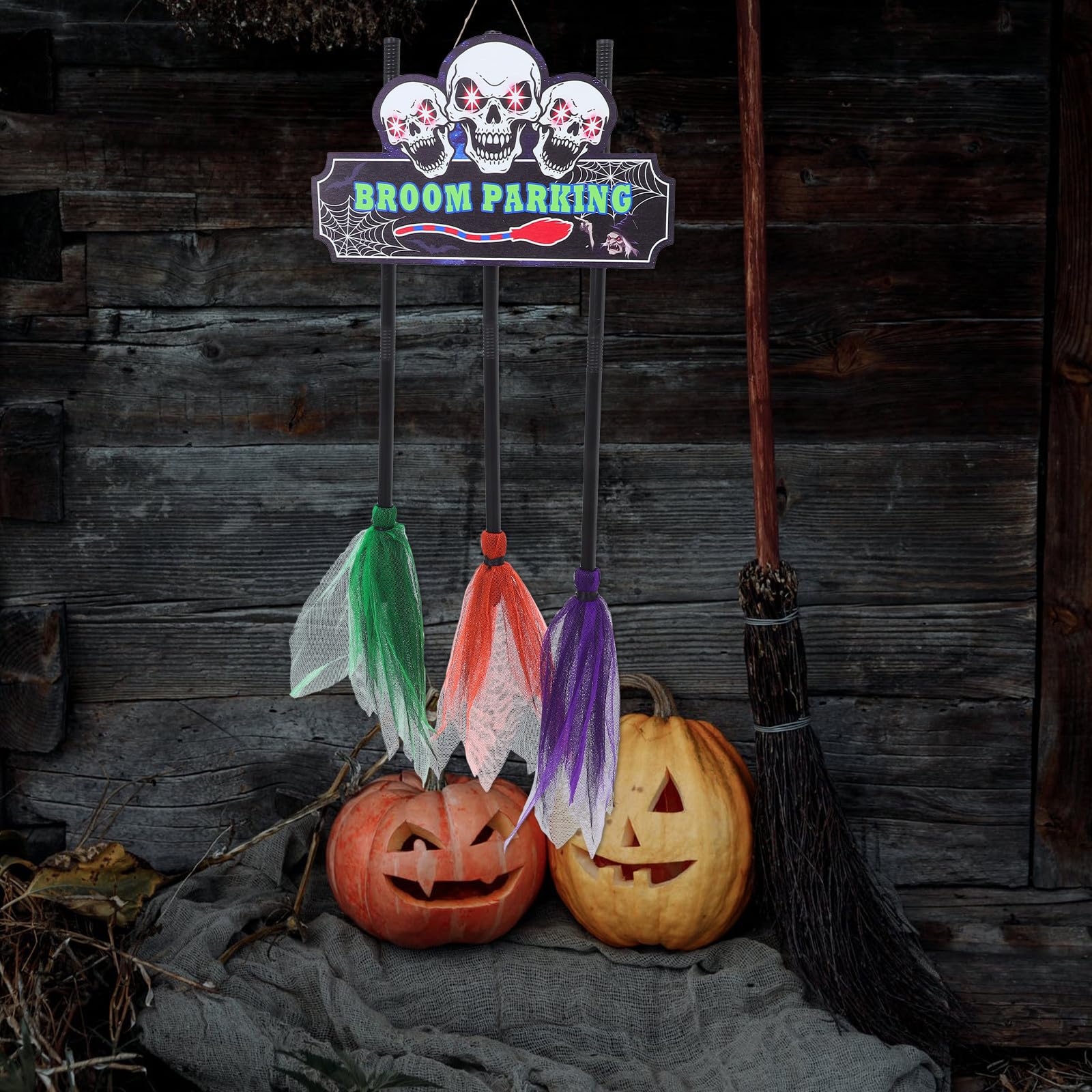 Zerodeko Decorazione Halloween Porta con Insegna Parcheggio Scopa Strega in Legno e Tessuto per Interni ed Esterni, Addobbo per Focolare e Festa