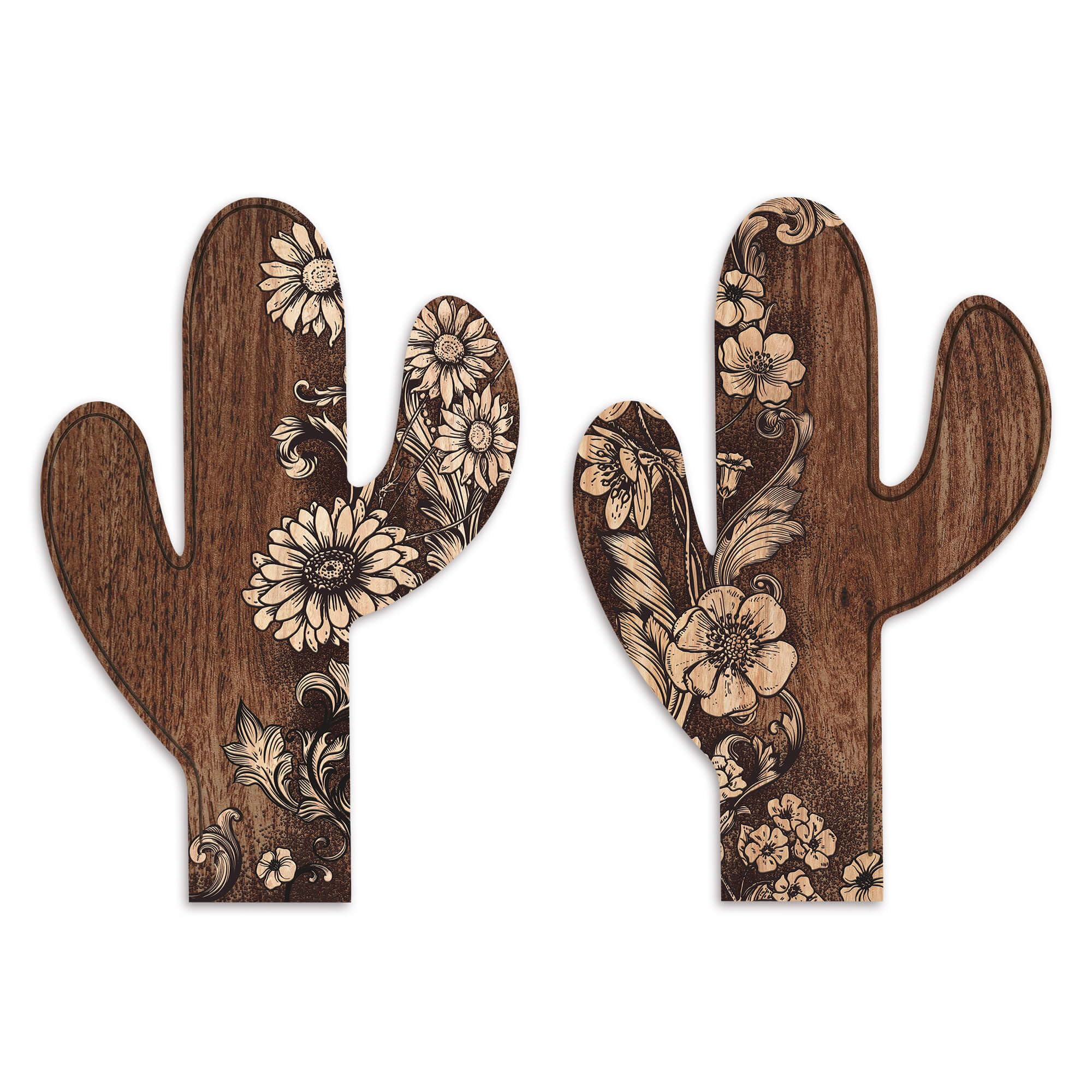 Putuo Decor 2 Pieces Aztec Cactus Decor, Farmhouse Wall Decor, Rustic Flower Patterns Wood Home Decor for Living room, Bedroom, Bathroom, Western Decor