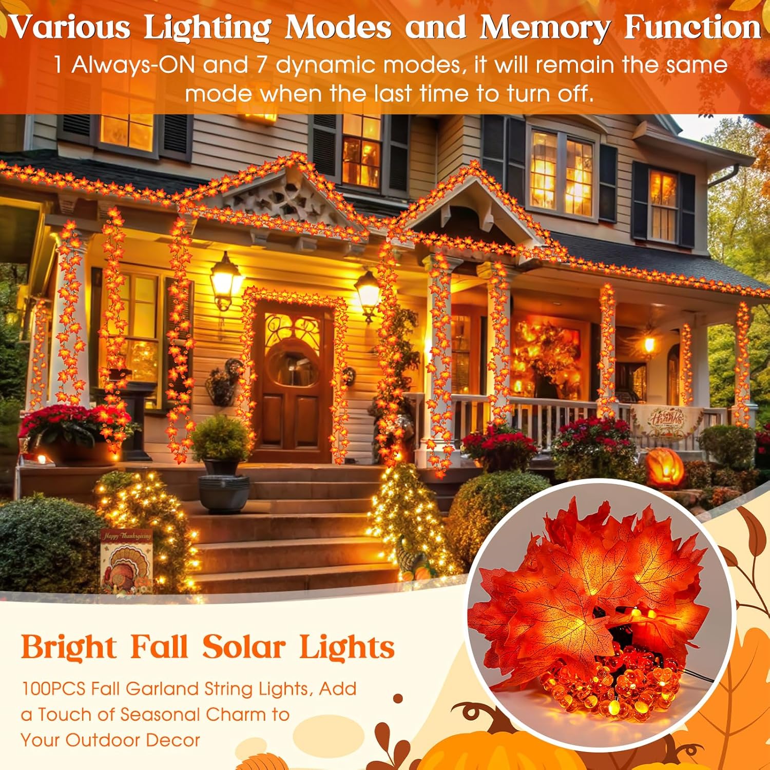 Fall Solar Lights Outdoor Decorative, 39FT Solar Fall Leaves Garland String Lights with 100 LEDs and 8 Modes for Porch, Yard, Front Door, Patio, Outside,Thanksgiving Harvest Autumn Decorations