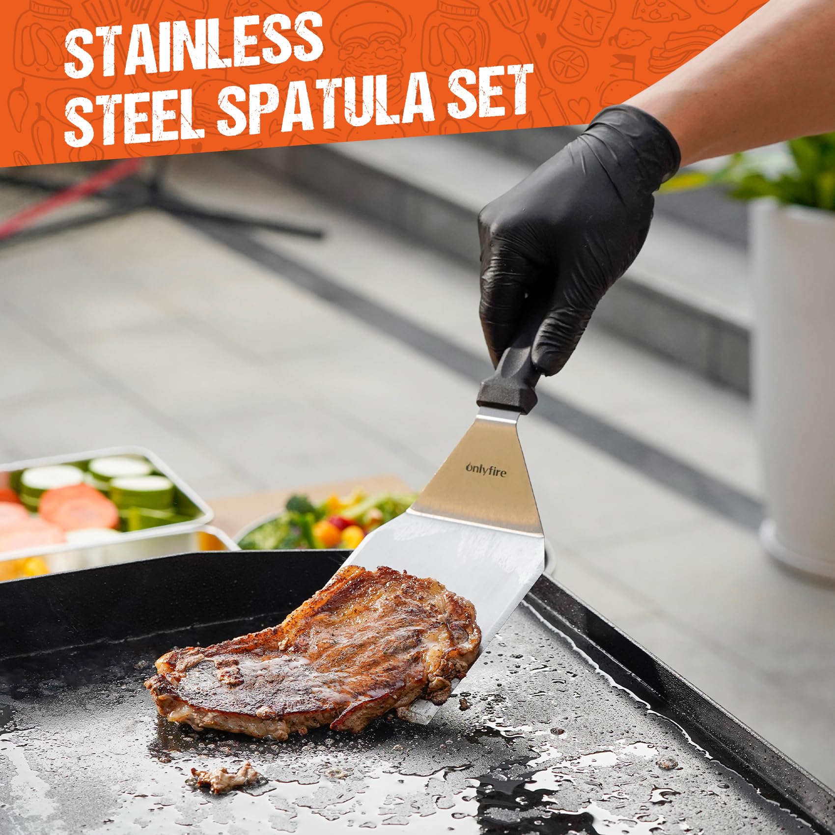 onlyfire Set di spatole professionali per barbecue, spatola per piastra in acciaio inox, spatola perforata e raschietto per griglia, kit per hamburger per grigliare, cucinare e pulire