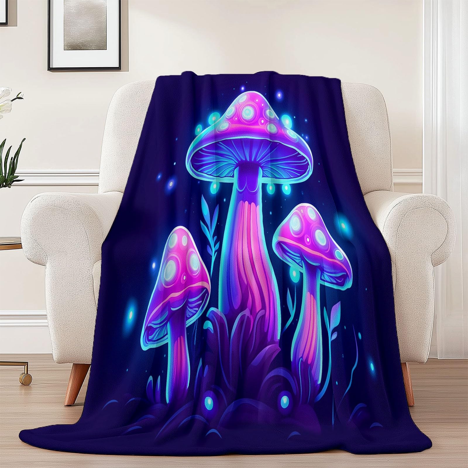 Generisch Przytulny koc dziecięcy 200 x 220 cm – fantazyjny nadruk z kreskówki grzybów, puszysty, dla chłopców i dziewczynek, ciemnofioletowy, miękki i wygodny, flanelowy koc dziecięcy na jesień i