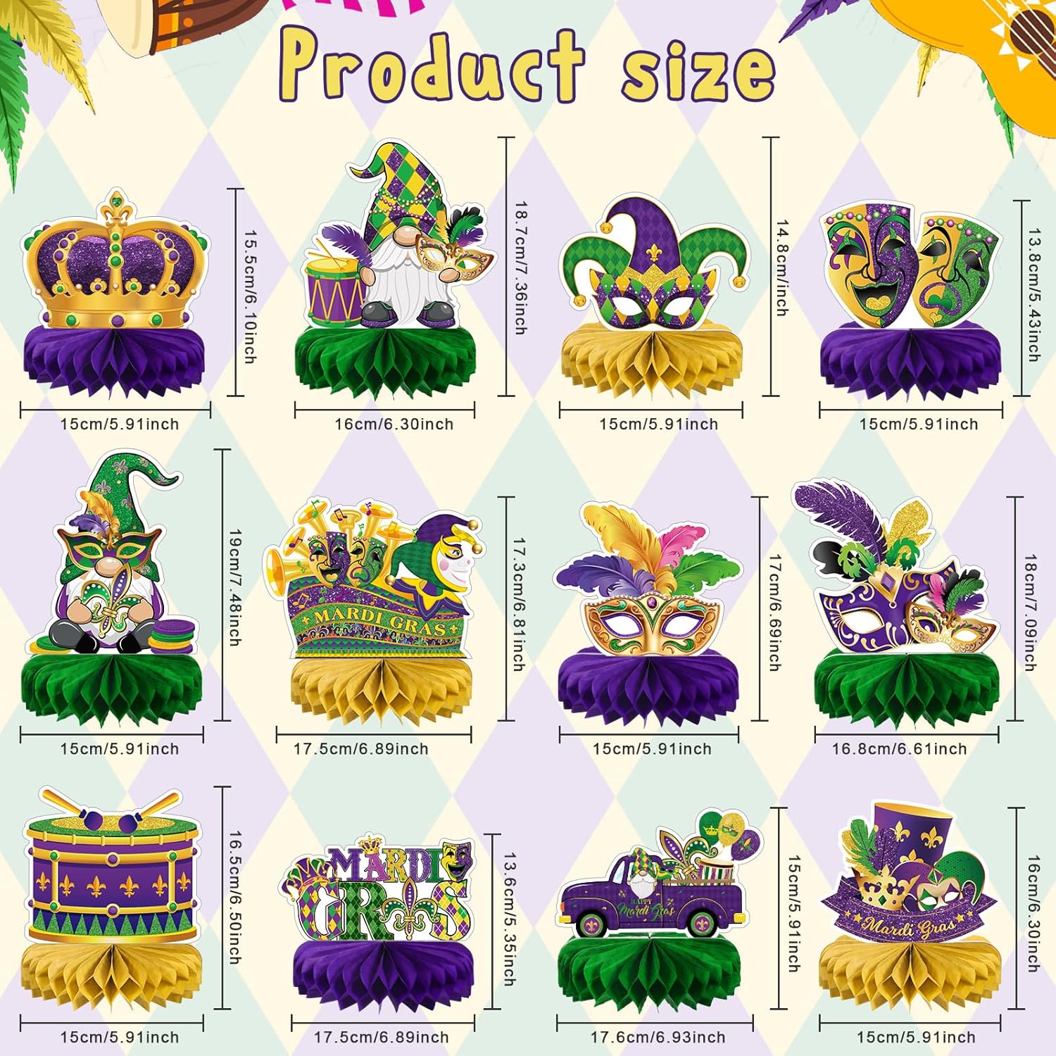Pasimy 12 Pcs Mardi Gras Party Table Decorations Mardi Gras Honeycomb Table Centerpieces Mask Crown Sign Toppers for Masquerade New Orleans Party Supplies
