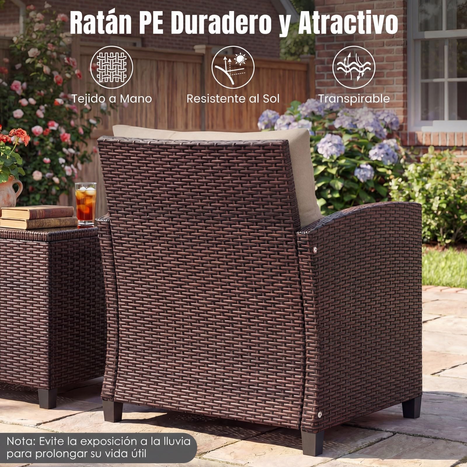 COSTWAY Conjunto Jardin Exterior de Ratán 3 Piezas, 1 Mesa Auxiliar de Vidrio Templado y 2 Sillas con Cojines, Muebles Jardin Terraza Balcon Exterior (Brown)