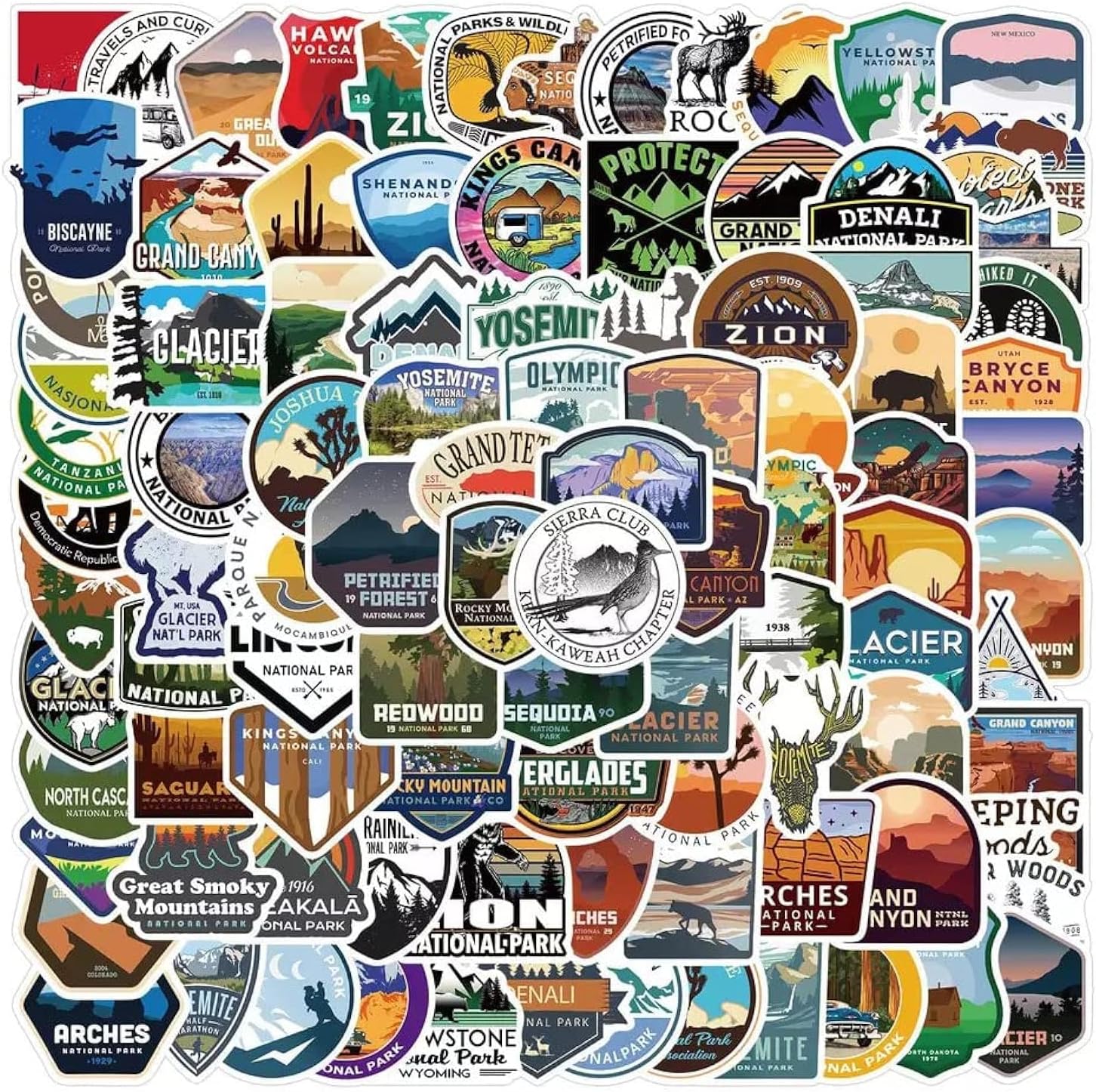 National Park Sticker Pack Set (100 pcs) | Adventure Nature Outdoors Hiking Camping Skiing Travel Stickers | Cool Suitcase Stickers Decals for Car Bumper Luggage, Laptop, Water Bottle, Phone Case