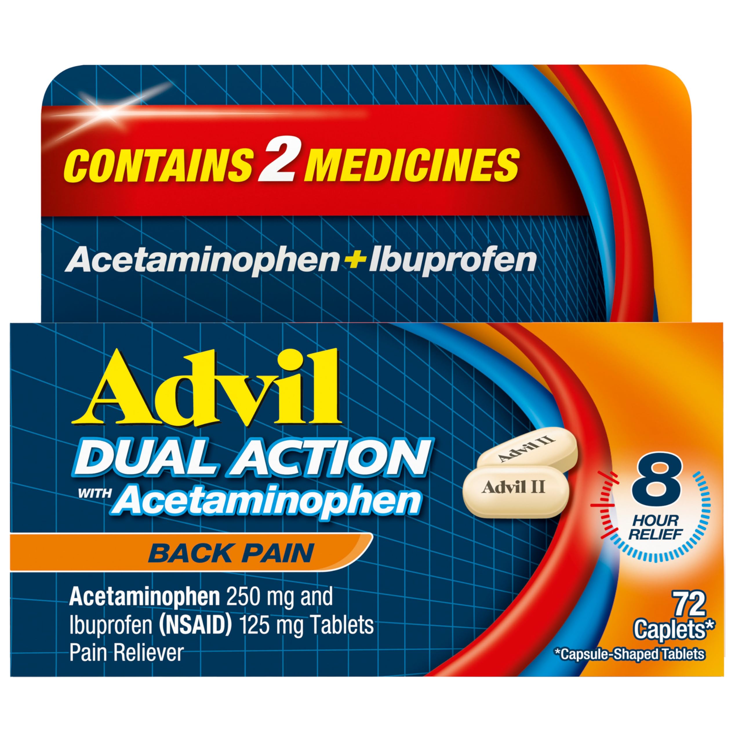 Advil Dual Action Back Pain Caplets Delivers 250mg Ibuprofen and 500mg Acetaminophen Per Dose for 8 Hours of Back Pain Relief - 72 Count