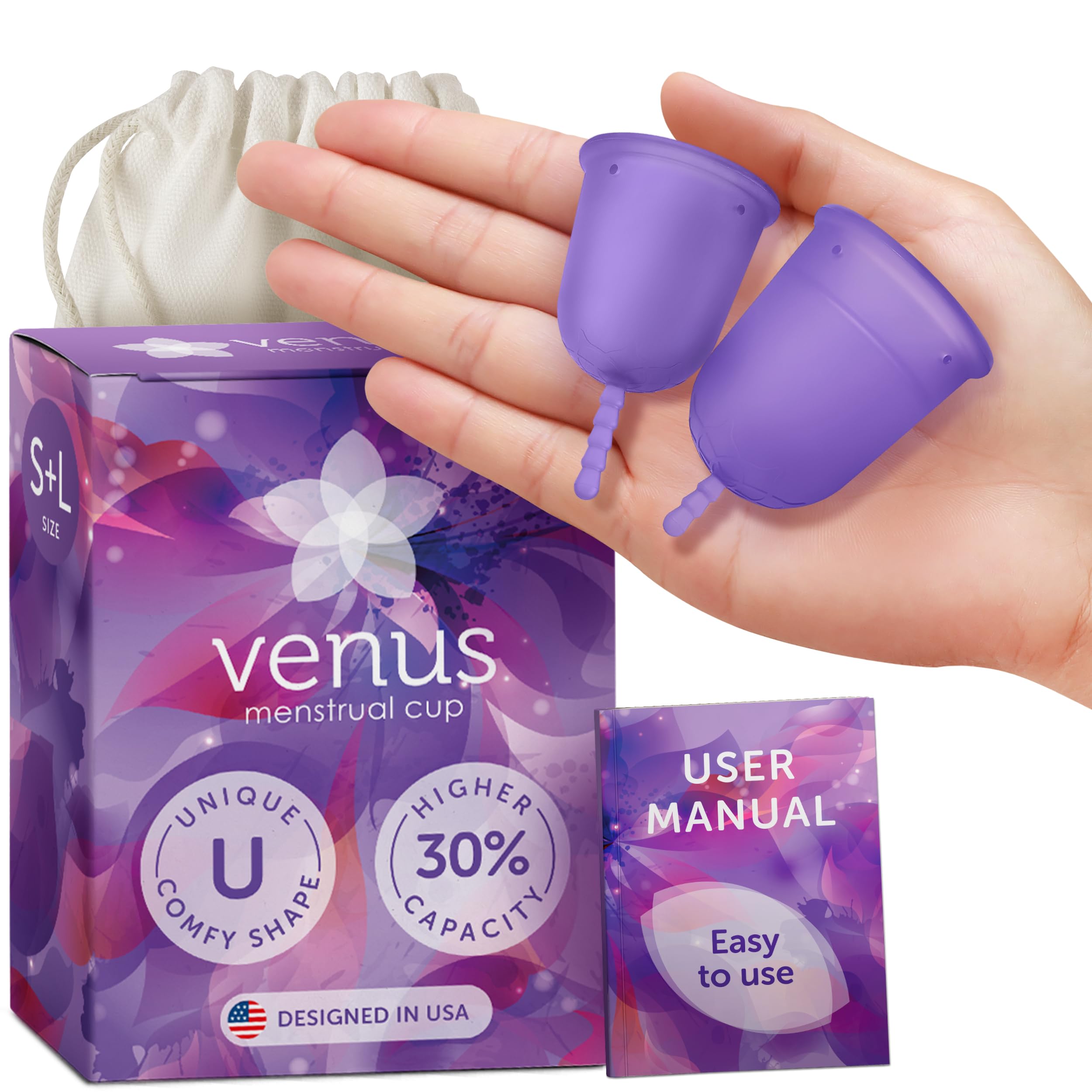 Venus Kit de inicio de copa menstrual - Juego de 2 tazas en 1 paquete - Perfecto para principiantes - Registrado por la FDA y vasos menstruales reutilizables de silicona 100% médica - Made in USA