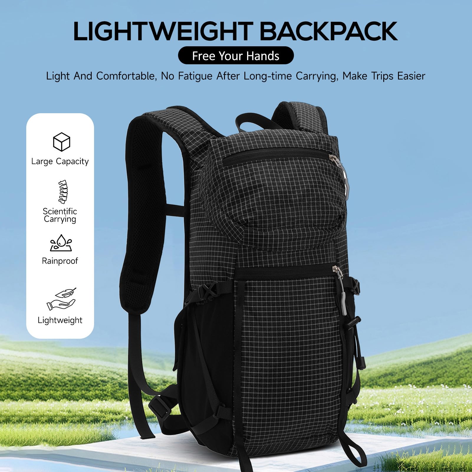 Piccolo zaino da escursionismo, 25 l, leggero, da viaggio, escursionismo, zaino in nylon 210D, tessuto a griglia per donne e uomini, per trekking, zaino in spalla, sport all'aria aperta
