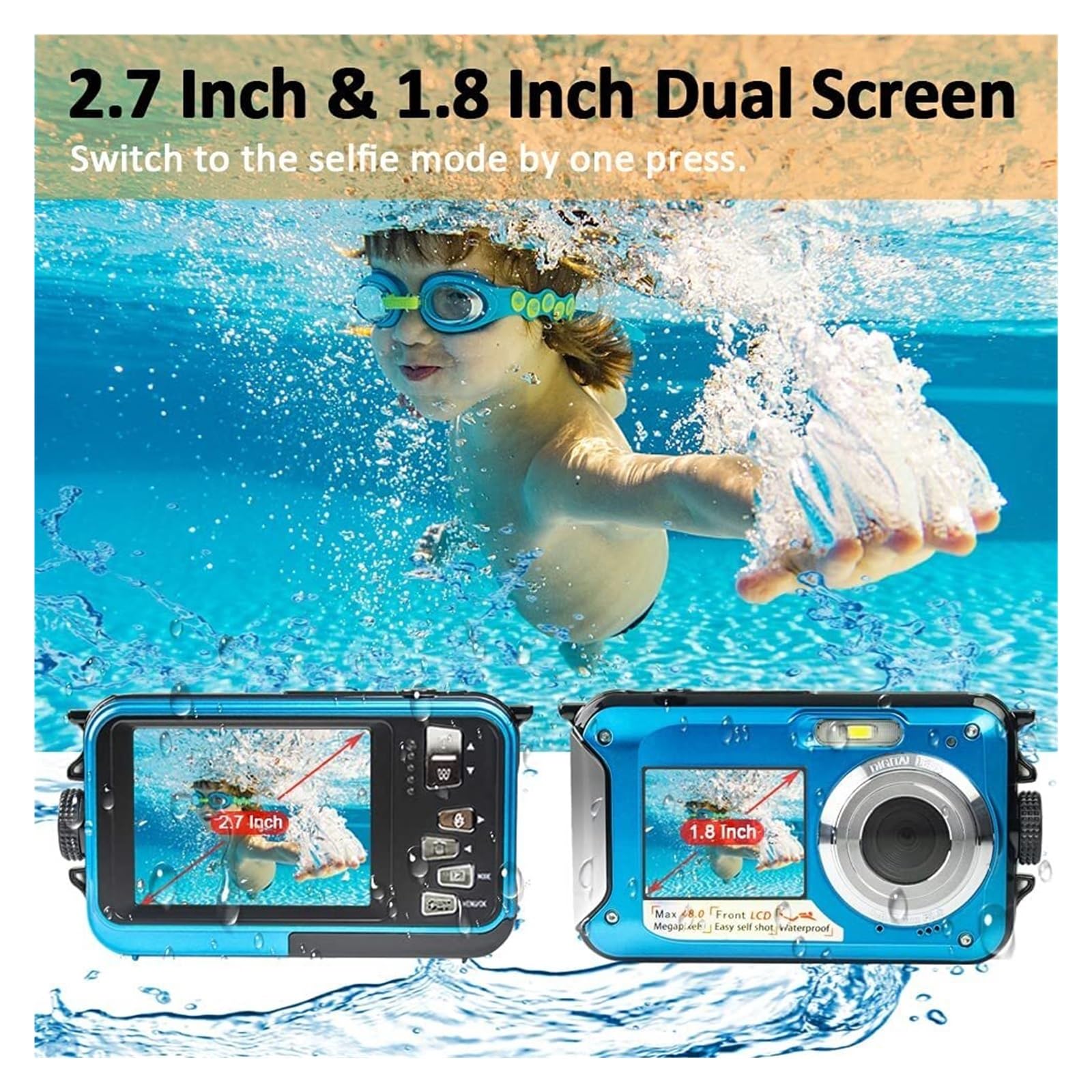 Fotocamera Digitale Subacquea Da 10 Piedi Videocamera Fotografica Impermeabile IP68 Estiva 48MP 2.7K Telecamere D'azione Con Autoscatto A Doppio Schermo Telecamera HD ( Size : NO TF Card , Color : Red